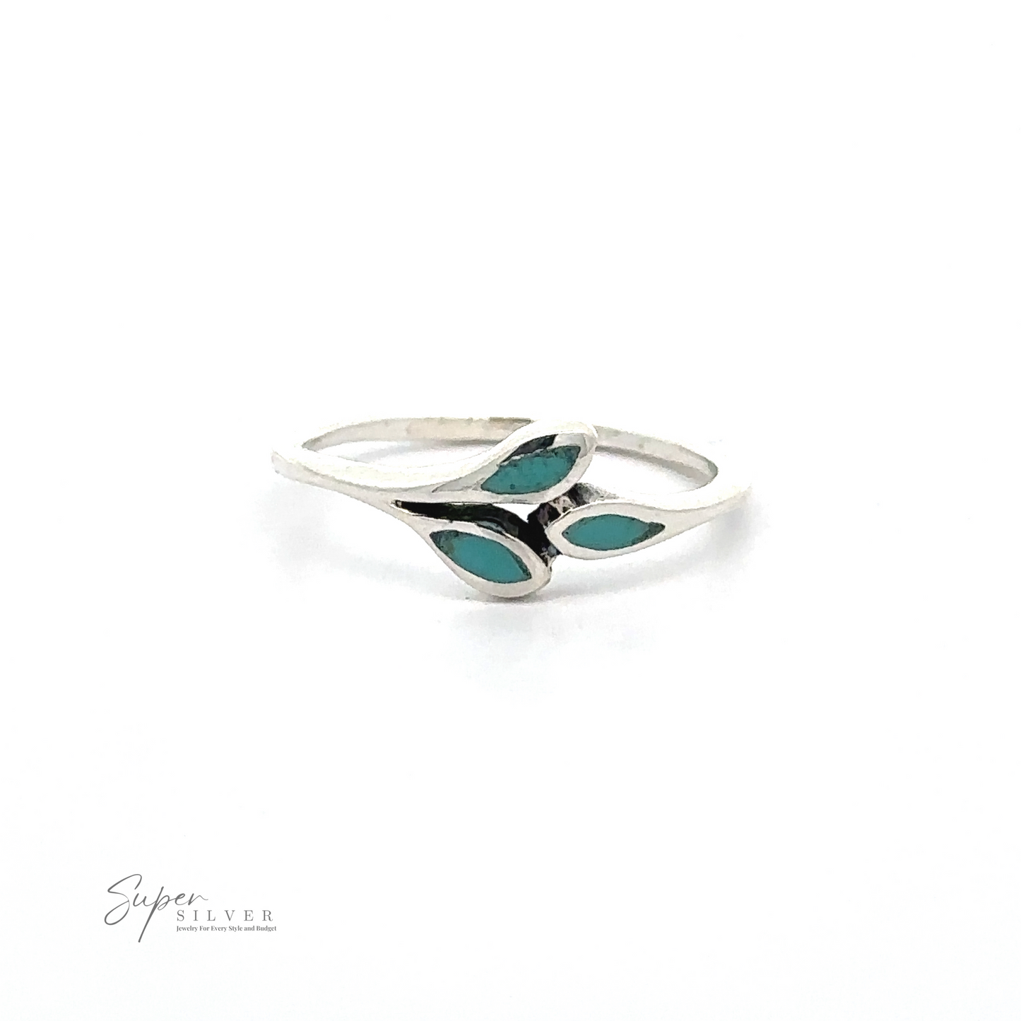 
                  
                    A sterling silver ring featuring three small green-blue teardrop-shaped stones arranged in a Tiny Leaves Ring with Inlaid Stones design. Text reads, "Super Silver.
                  
                