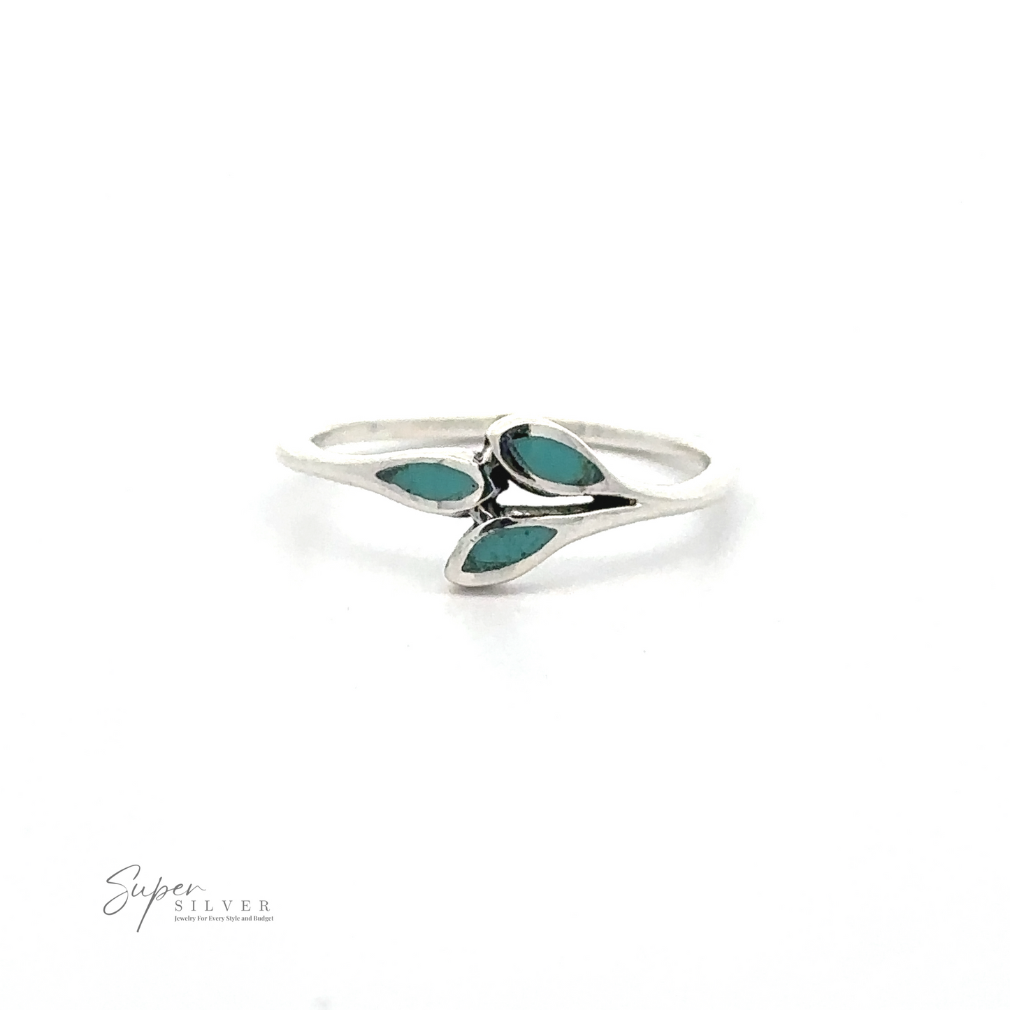 
                  
                    A Tiny Leaves Ring with Inlaid Stones crafted from sterling silver, featuring three green leaf-shaped inlays arranged in a triangular pattern. Text on the lower left corner reads "Super Silver.
                  
                