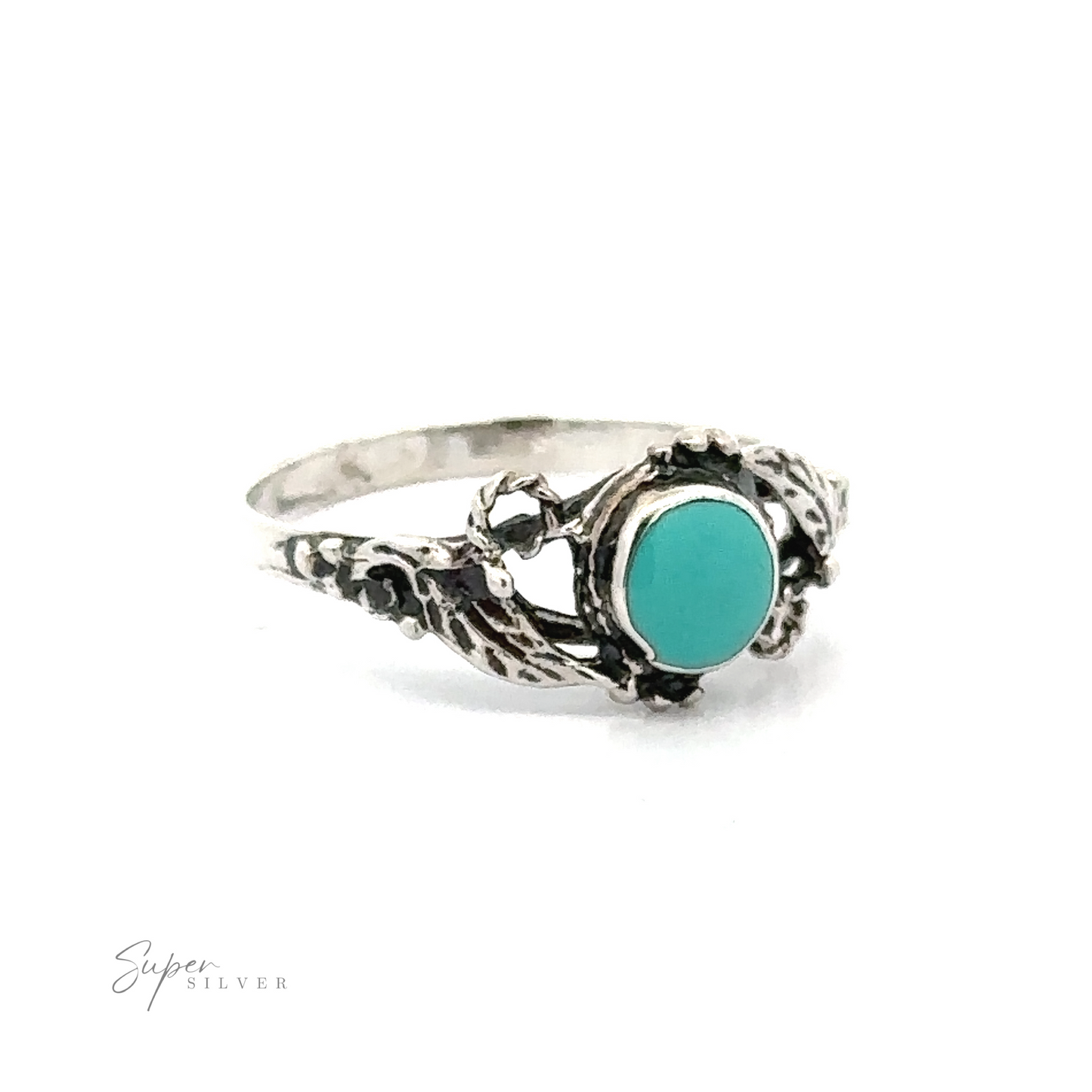 
                  
                    Rope and Leaves Inlay Stone ring with intricate silver band design, exuding vintage elegance against a white background.
                  
                