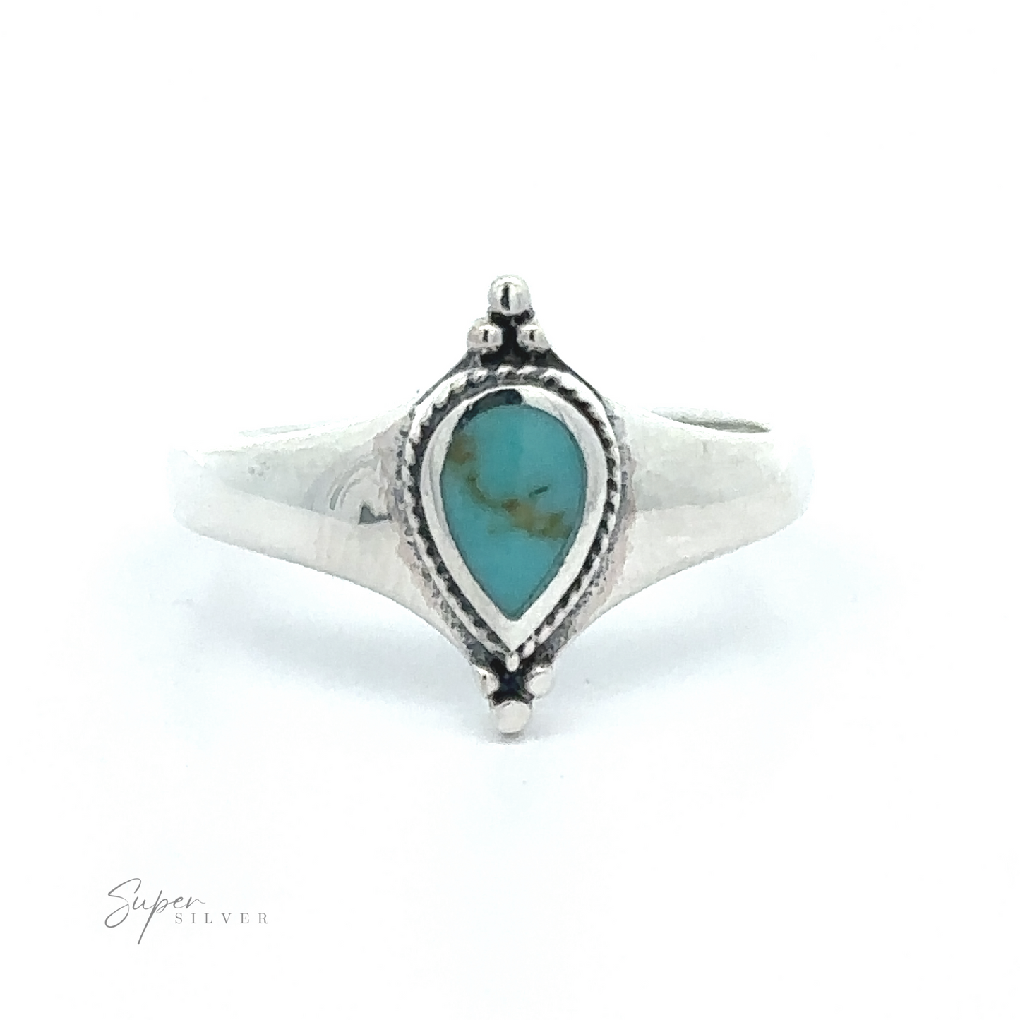 
                  
                    Teardrop Inlay Shield Ring with teardrop turquoise stone against a white background, embodying a bohemian jewelry style.
                  
                