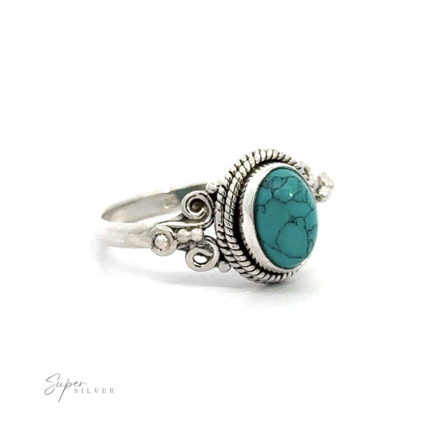 
                  
                    Natural Oval Gemstone Ring with intricate rope and long spiral border featuring a detailed metalwork and vintage appeal.
                  
                
