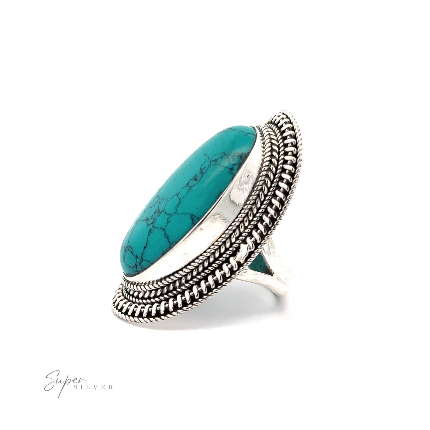 
                  
                    Large Oval Shield Gemstone Ring. The ring features intricate detailing around the stone, adding a touch of bohemian flair. The brand "Super Silver" is visible in the lower left corner.
                  
                