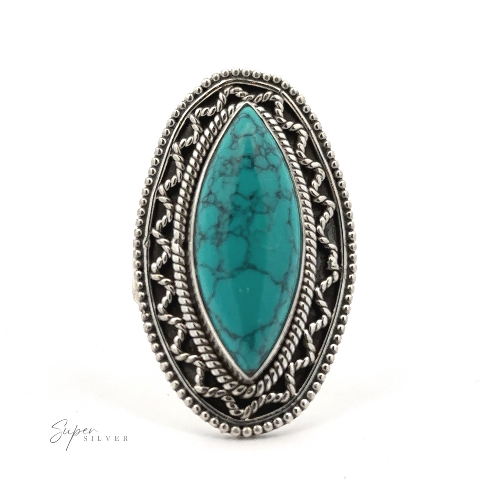 
                  
                    Marquise Shaped Gemstone Ring With Vintage Shield Border set in an intricately designed sterling silver metal frame, featuring a rope-like border and detailed patterns with a Bohemian twist.
                  
                