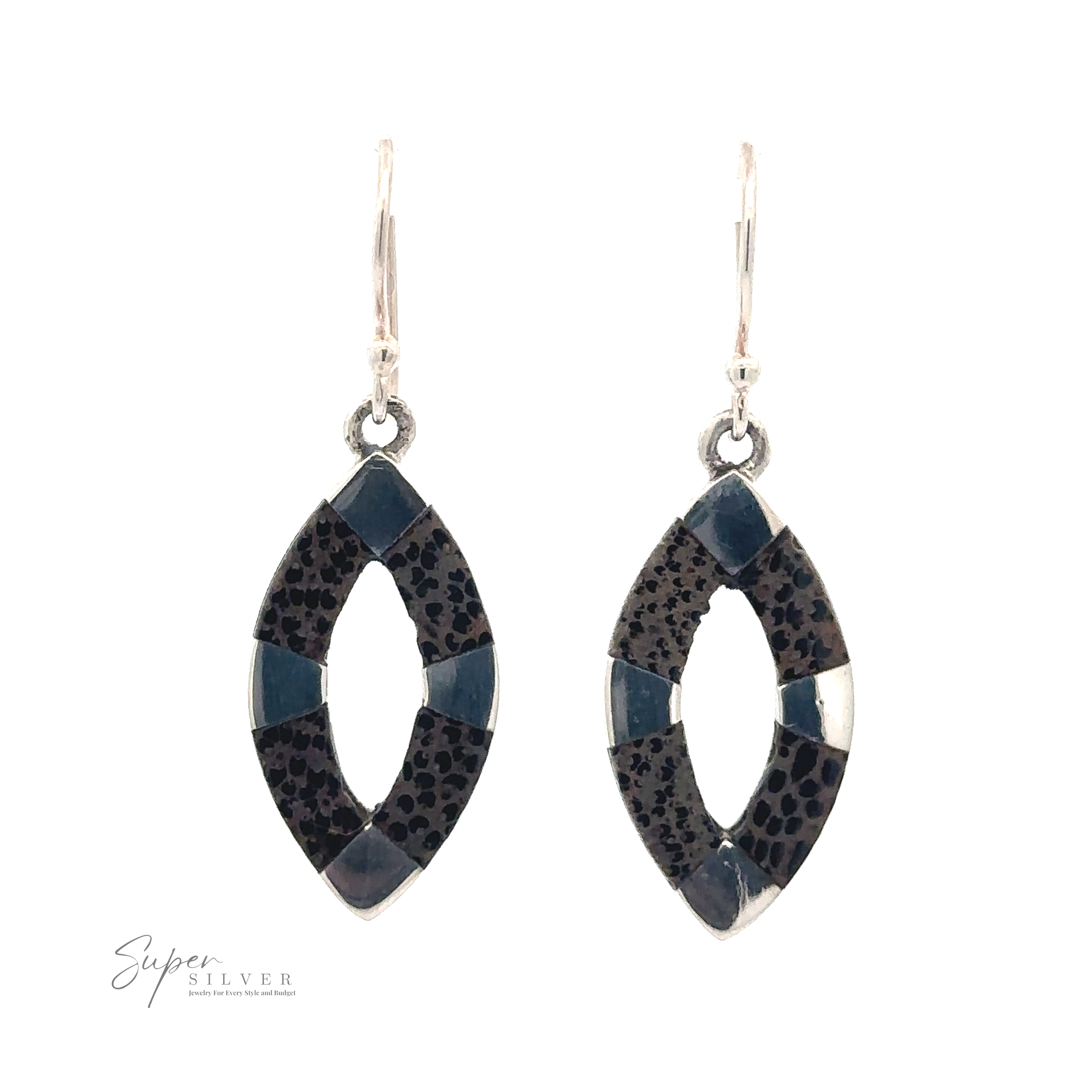 A pair of Inlaid Marquise Dangle Earrings featuring a marquise-shaped design with black and blue mosaic patterns.