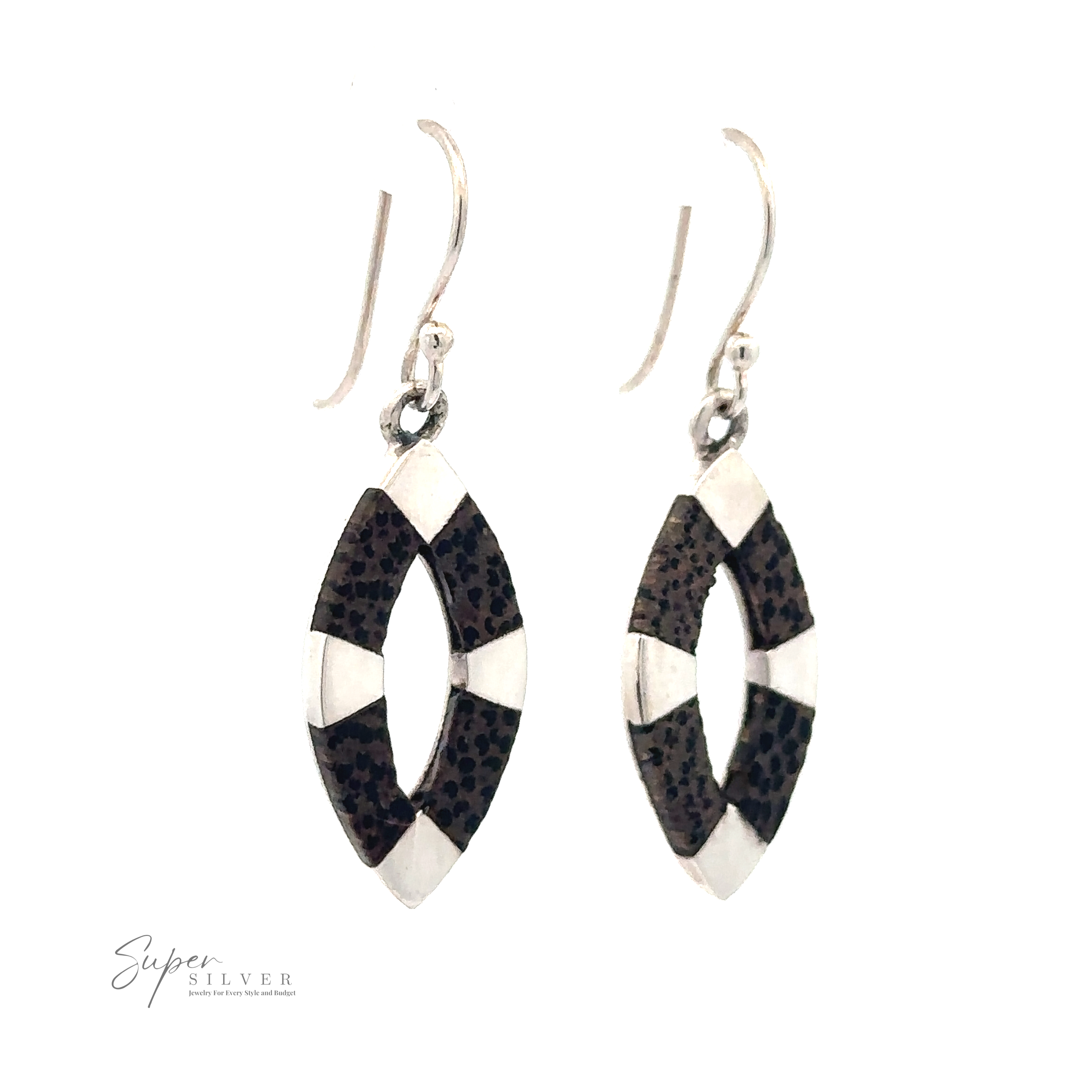 A pair of Inlaid Marquise Dangle Earrings with a marquise-shaped pendant featuring a black and white mosaic pattern. A small logo with the text "Super Silver" is visible in the corner, showcasing the intricate craftsmanship evident in all our sterling silver earrings.
