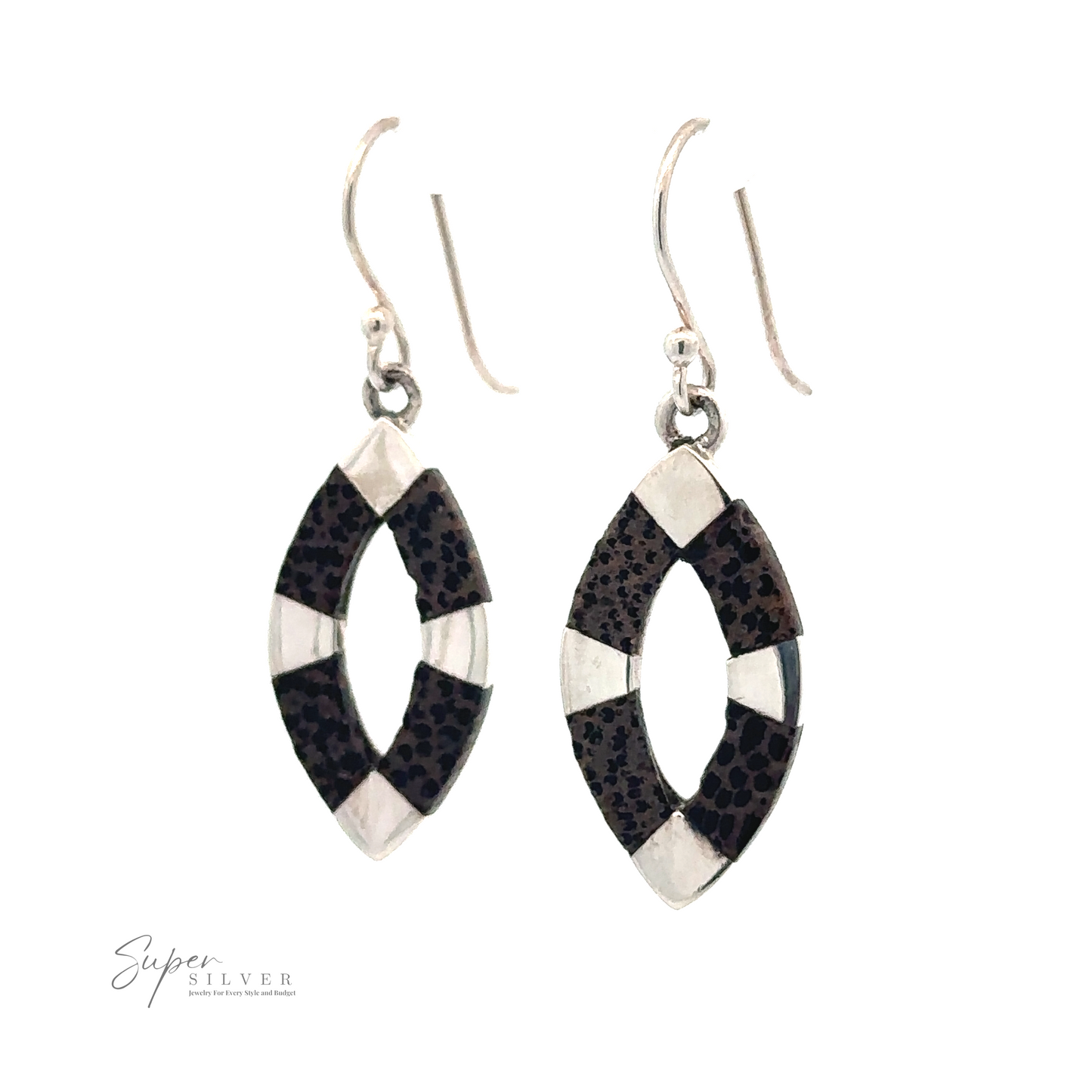 A pair of Inlaid Marquise Dangle Earrings featuring a marquise shape with alternating black and white speckled segments, reminiscent of petrified wood jewelry. The earrings have hook fastenings.