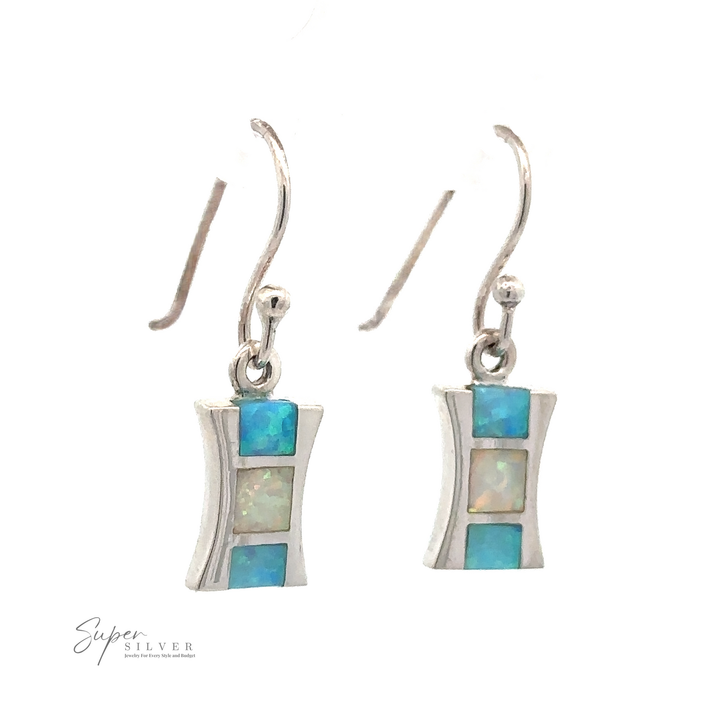 
                  
                    A pair of Freeform Lab-Created Opal Earrings with a rectangular silver design featuring blue and lab-created opal inlay. The brand name "Super Silver" is visible in the lower left corner, ensuring these .925 sterling silver pieces stand out.
                  
                