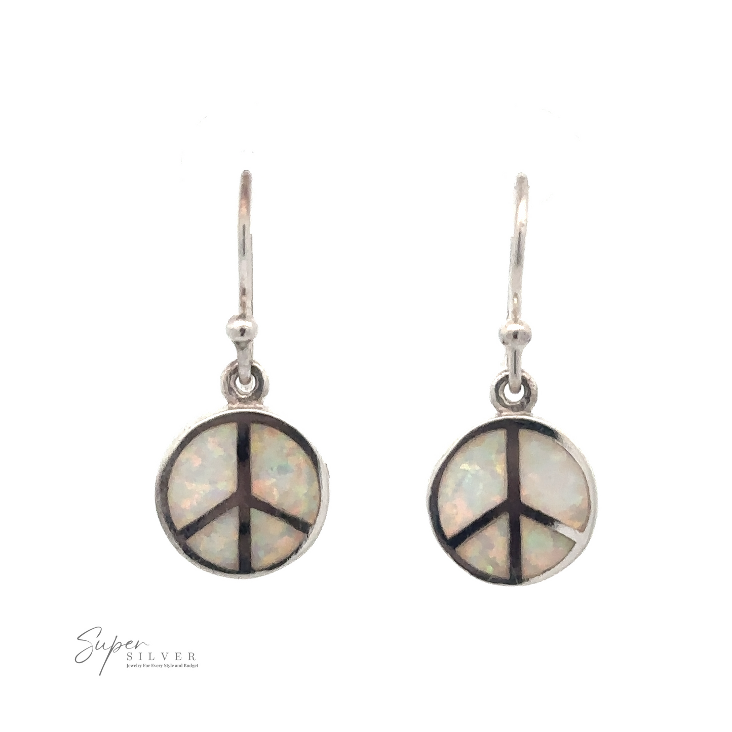 
                  
                    Two sterling silver drop earrings with peace symbol designs on iridescent round surfaces. The logo "Super Silver" is visible in the bottom left corner, adding a touch of sophistication to these exquisite White Created Opal Round Peace Sign Earrings.
                  
                