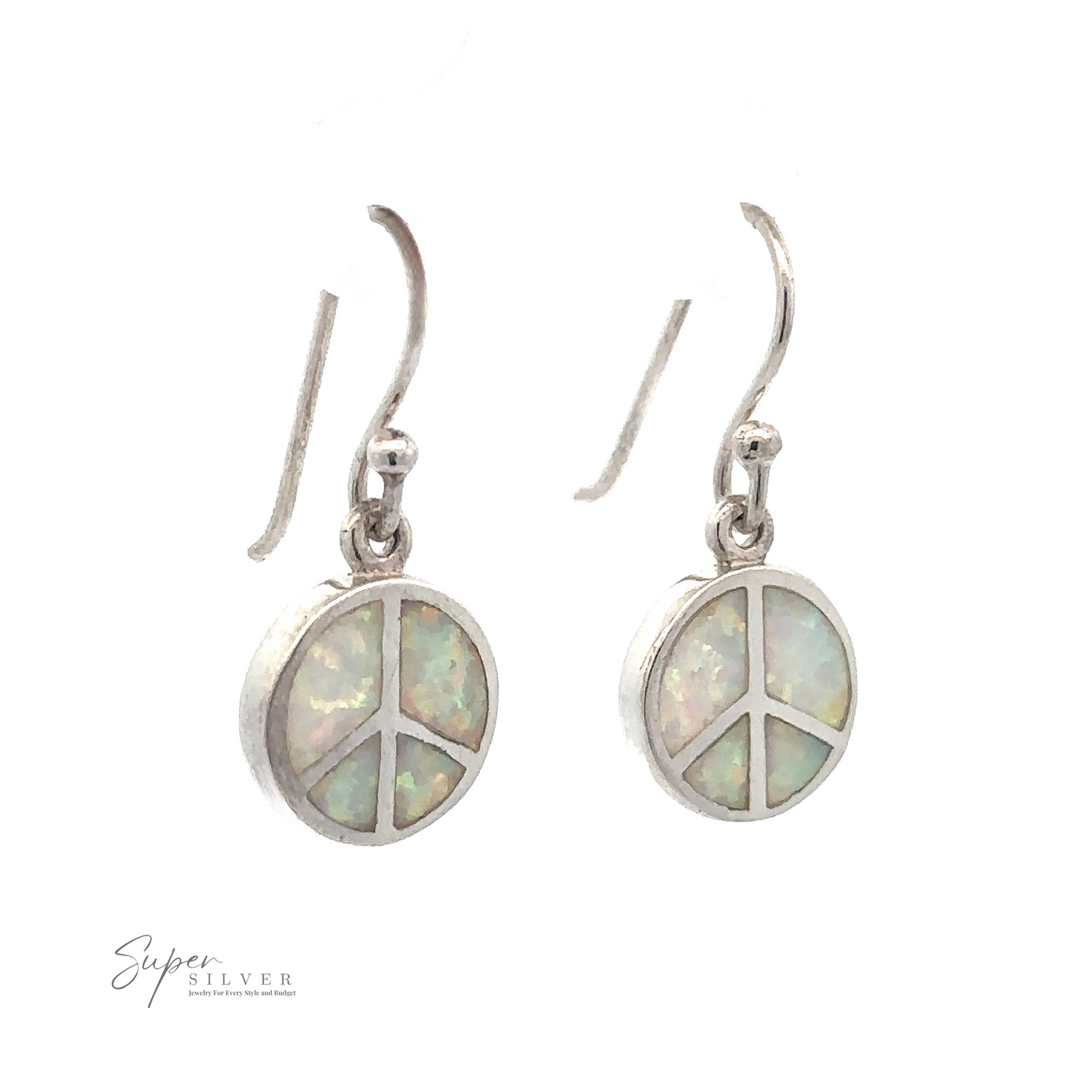 White Created Opal Round Peace Sign Earrings featuring iridescent white created opal inlays, highlighted on a plain white background.