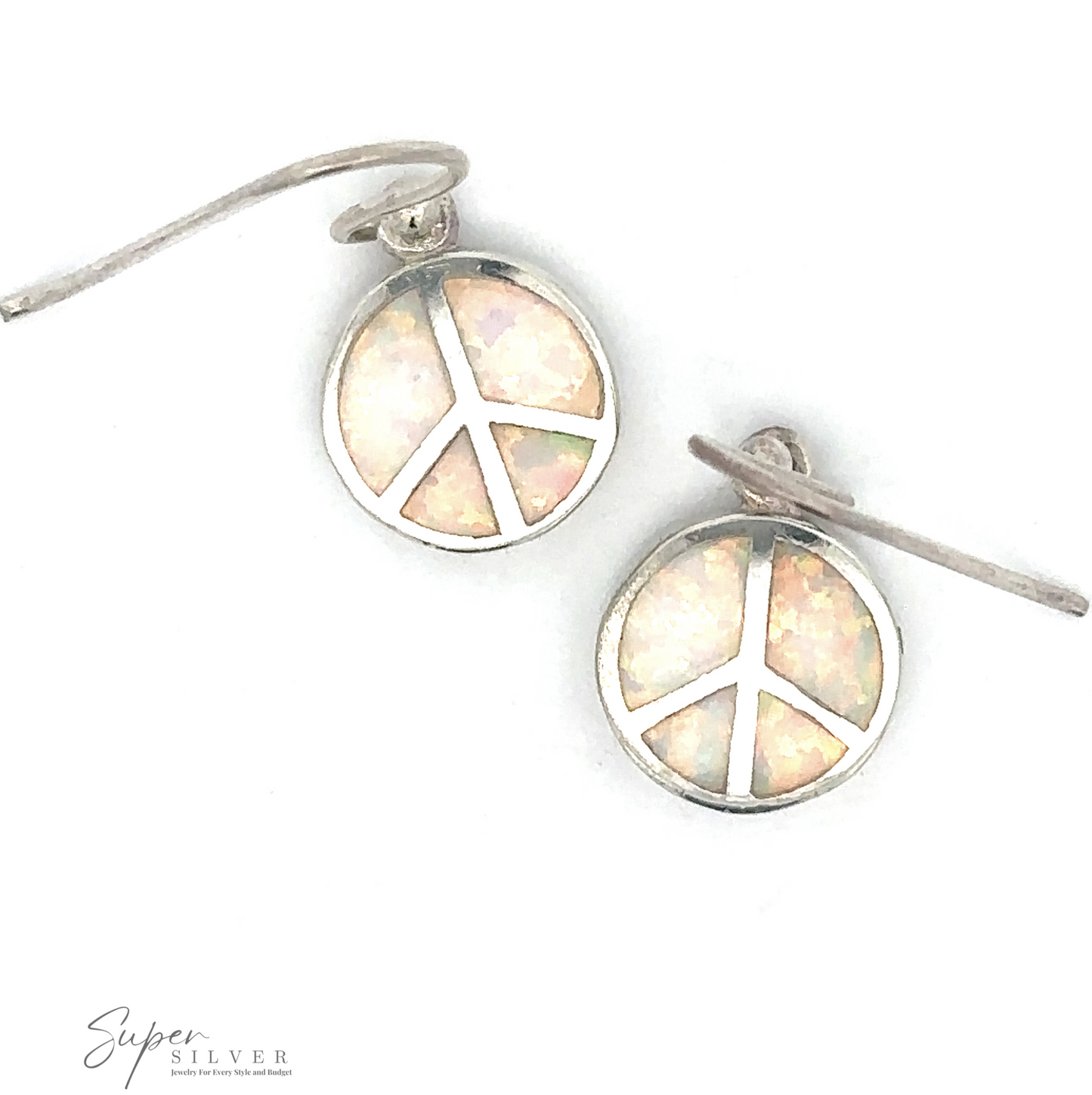 
                  
                    White Created Opal Round Peace Sign Earrings: These round sterling silver earrings feature a peace sign design filled with mesmerizing white created opal.
                  
                