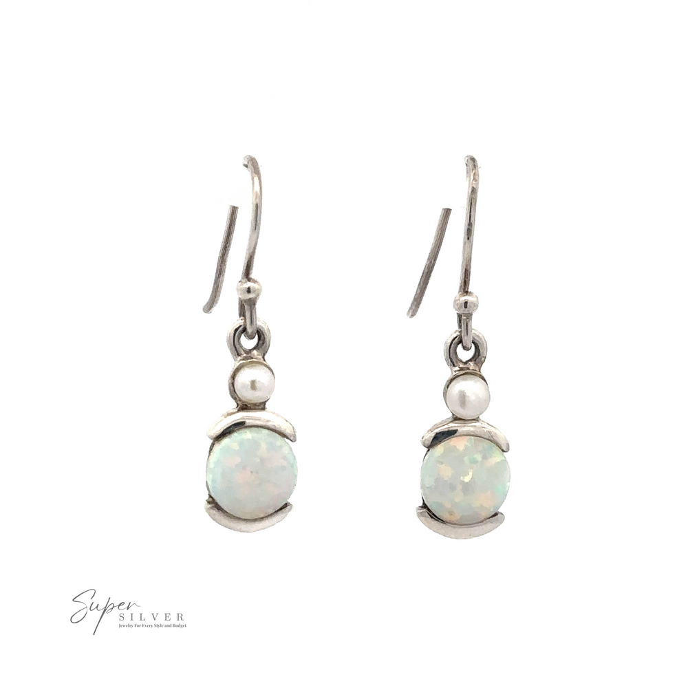 A pair of White Created Opal Oblong Earrings, each featuring a round lab-created opal stone with a small silver bead above it. The text "Super Silver" is in the bottom left corner.