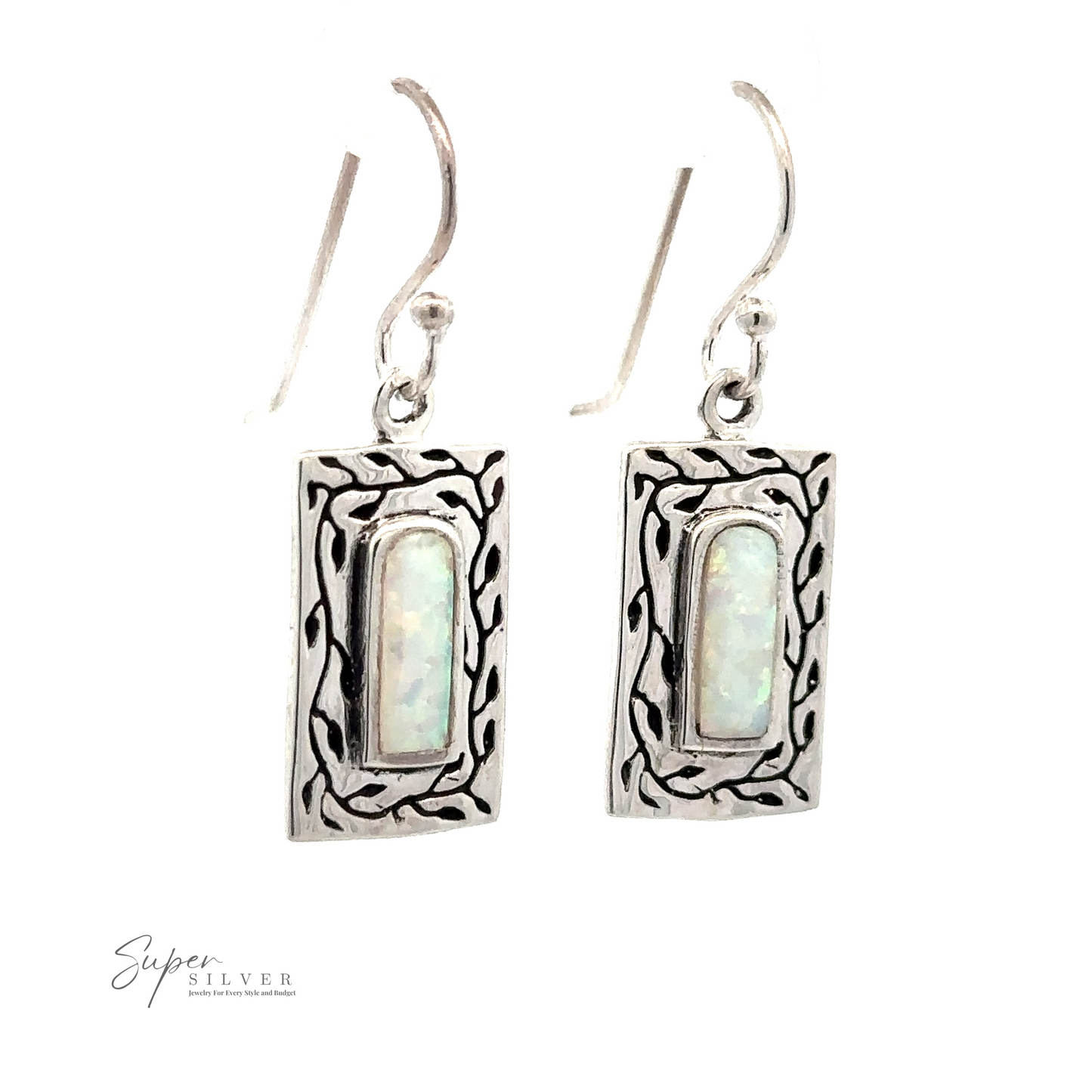 White Created Opal Square Earrings feature an intricate border design and a central lab-created opal gemstone.