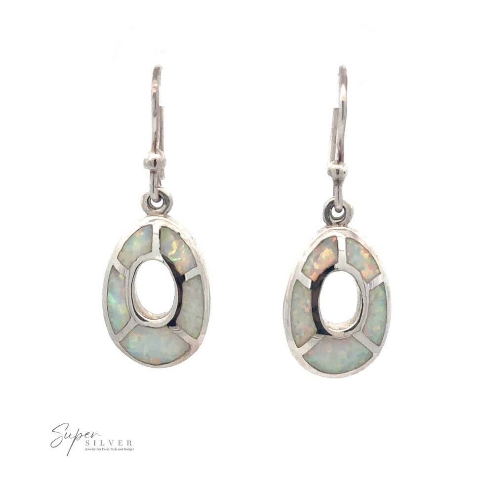 
                  
                    A pair of Small Drop Shape Dangle Earrings with lab-created opal stones and hook closures, displayed against a plain white background.
                  
                