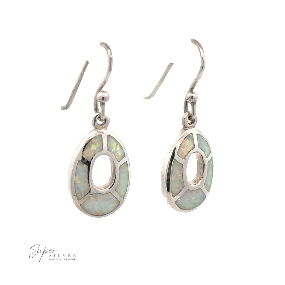 A pair of Small Drop Shape Dangle Earrings with oval-shaped inlays of lab-created opal set in sterling silver. The earrings feature a hook design for wearing.