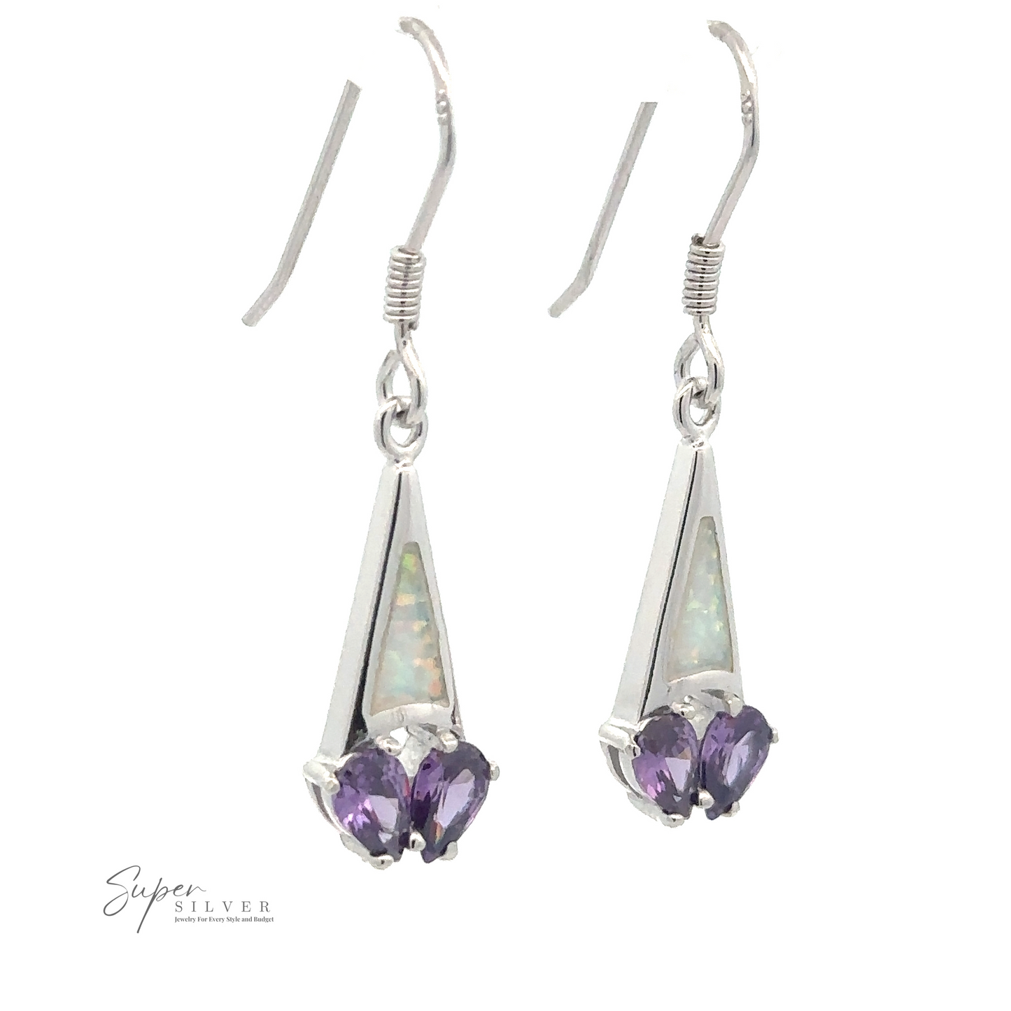 
                  
                    A pair of Created Opal Earrings with Purple Cubic Zirconia featuring triangular created opal stones and purple CZ teardrop gemstones. The earrings are elegantly displayed against a plain, white background with a "Super Silver" logo in the corner.
                  
                