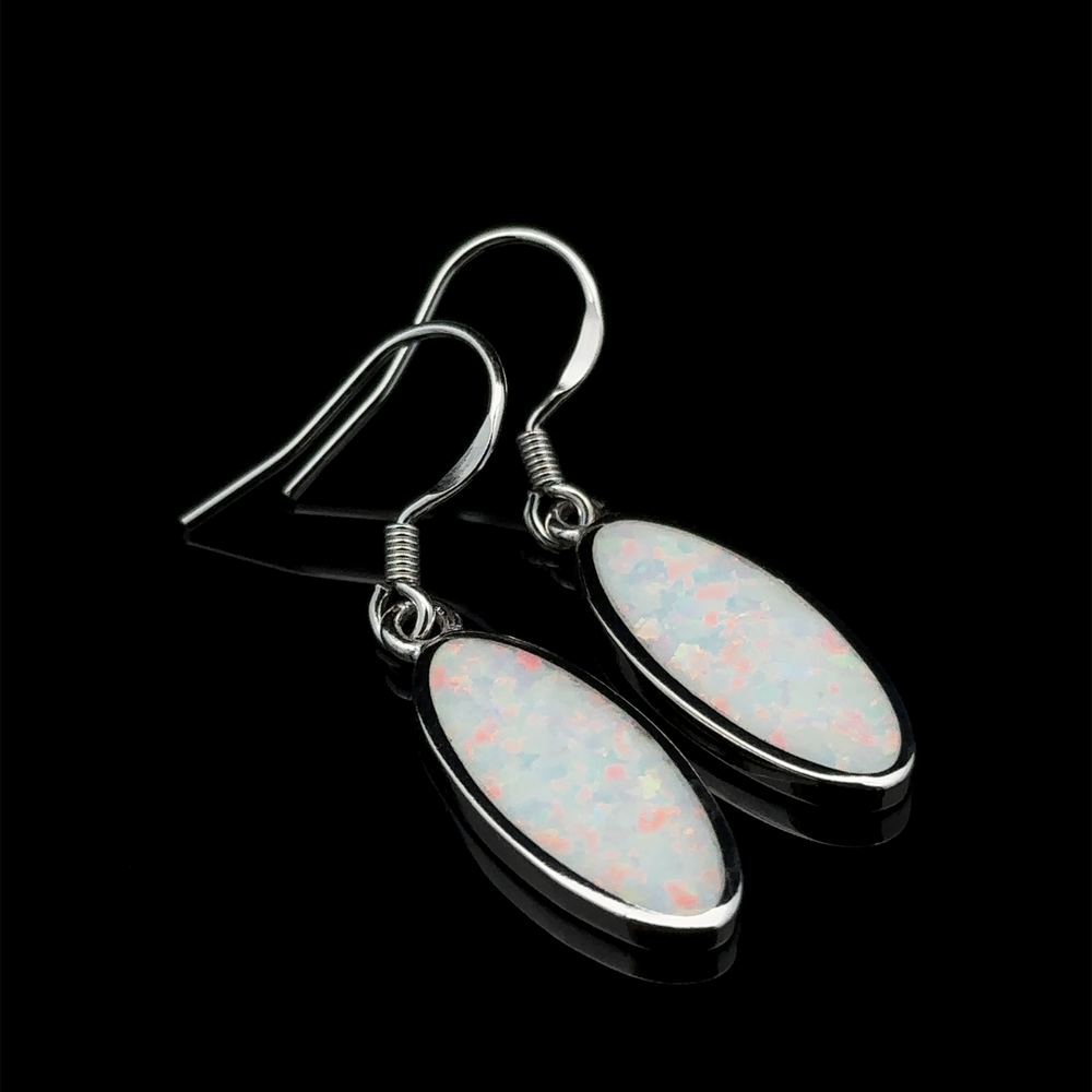 
                  
                    Pair of Simple Oval Lab-Created Opal Earrings featuring sterling silver hooks and elongated oval opals with a white base adorned with pink and blue speckles, set against a black background.
                  
                