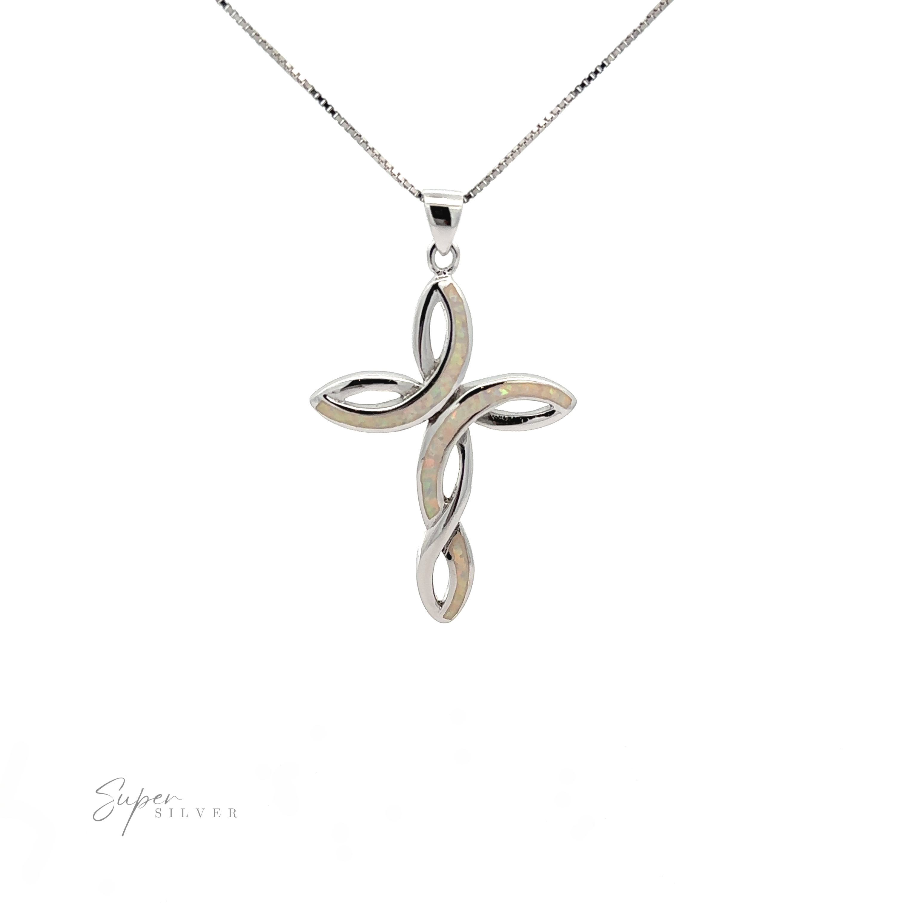 Opal cross pendant on a chain, displayed against a white background, with the logo "super silver" at the bottom.