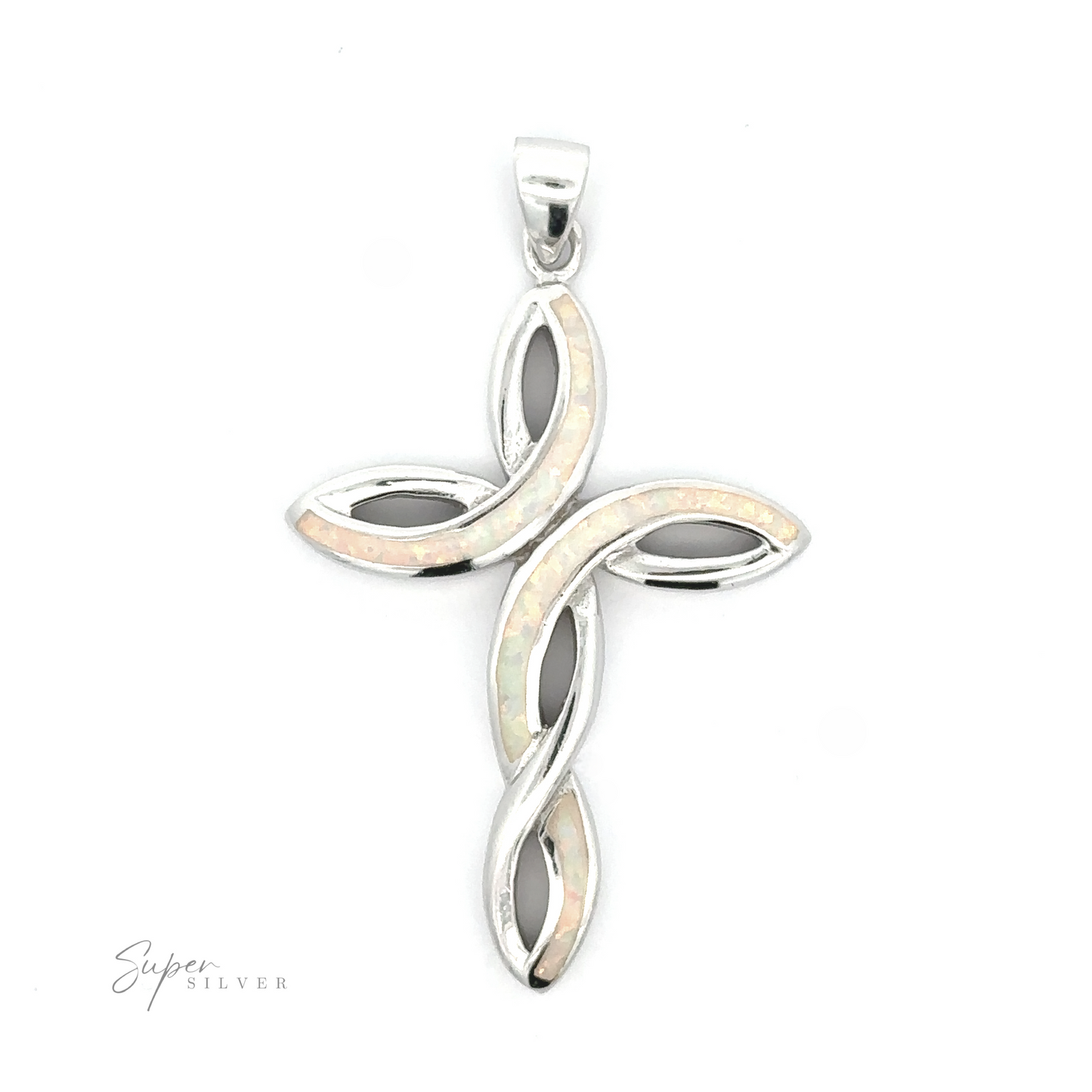 
                  
                    Opal cross pendant with a looping design and inlaid mother-of-pearl accents on a white background.
                  
                