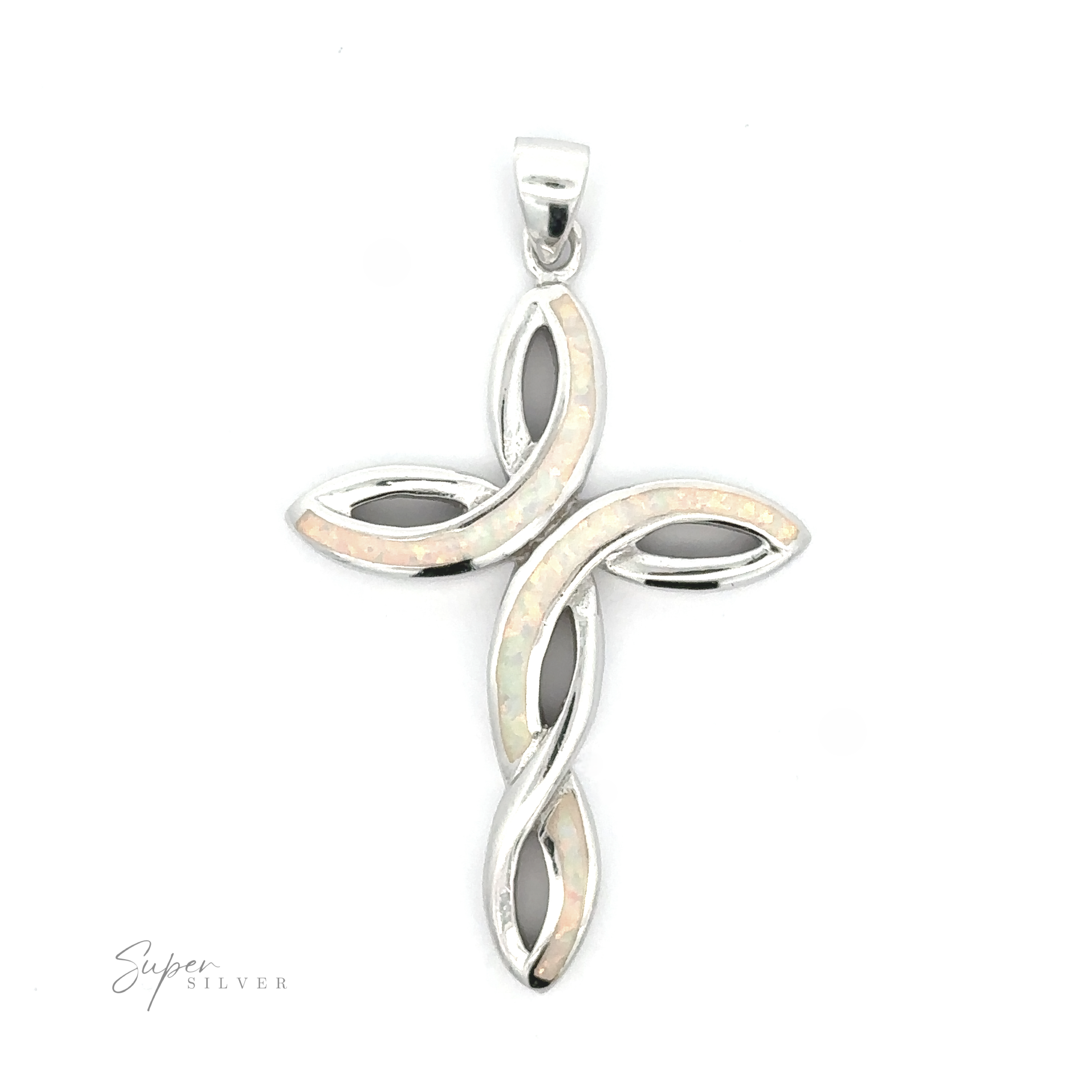 Opal cross pendant with a looping design and inlaid mother-of-pearl accents on a white background.