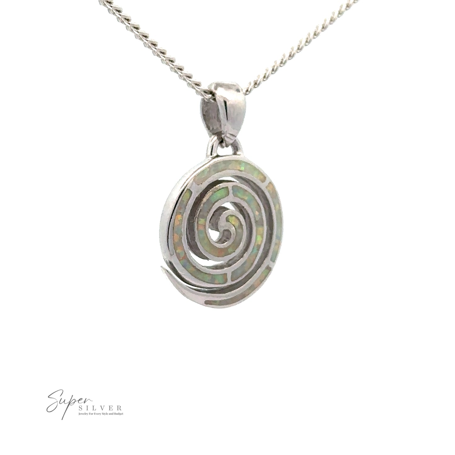 
                  
                    Opal Spiral Pendant with a spiral-shaped pendant featuring intricate inlay patterns and an opal stone centerpiece. The pendant, enhanced with a rhodium finish, hangs from a twisted chain. Logo text "Super Silver" is visible at the bottom left.
                  
                