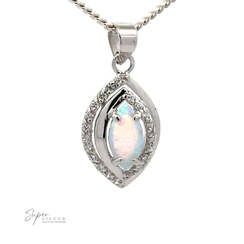 
                  
                    A silver necklace with Opal Pendants with Cubic Zirconia surrounded by small cubic zirconia stones. The pendant hangs from a silver chain. The words "Super Silver" are visible in the lower-left corner, adding to its Art Deco jewelry aesthetic.
                  
                