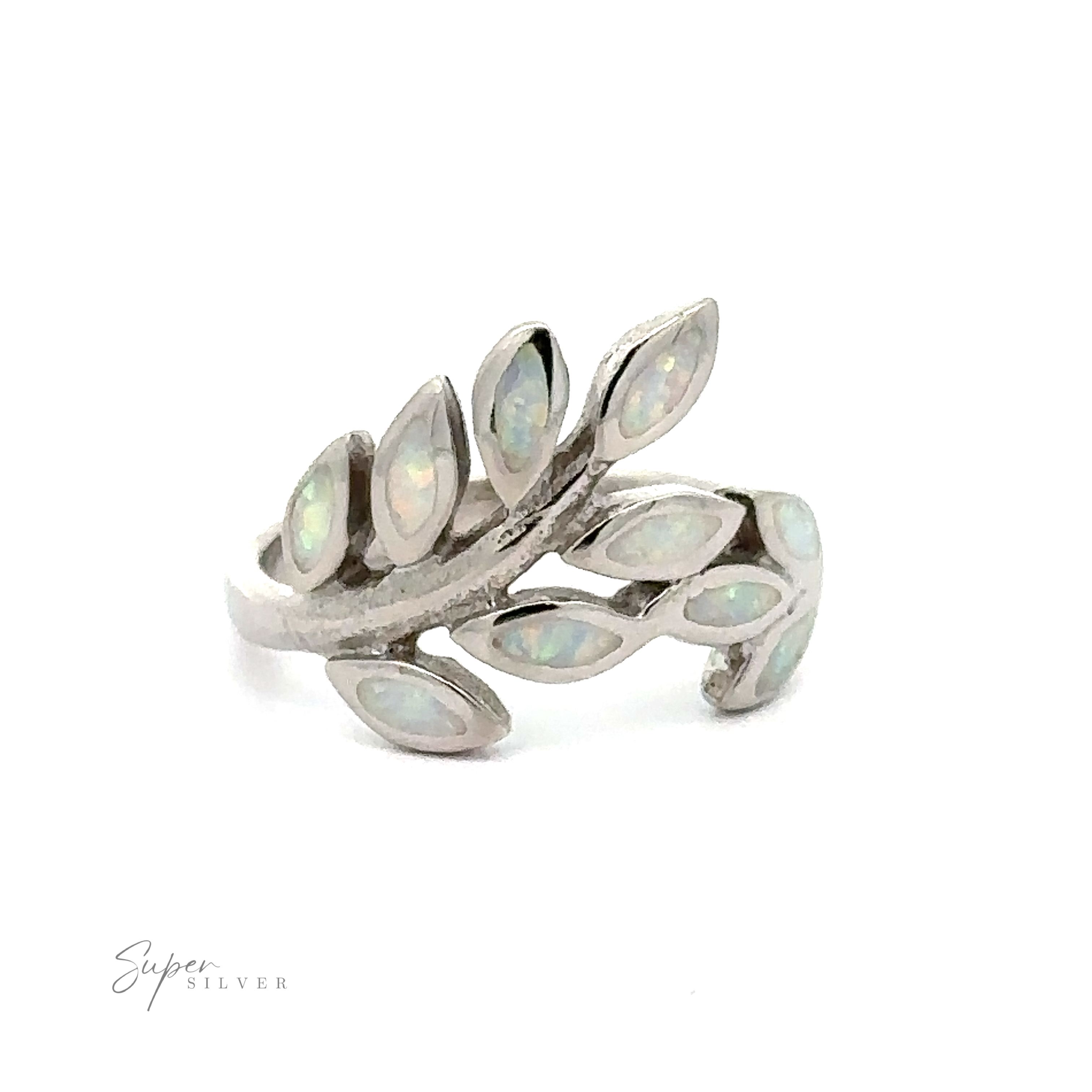 Silver ring with nature's allure: Lab-Created Opal Fern Motif Ring on a white background.