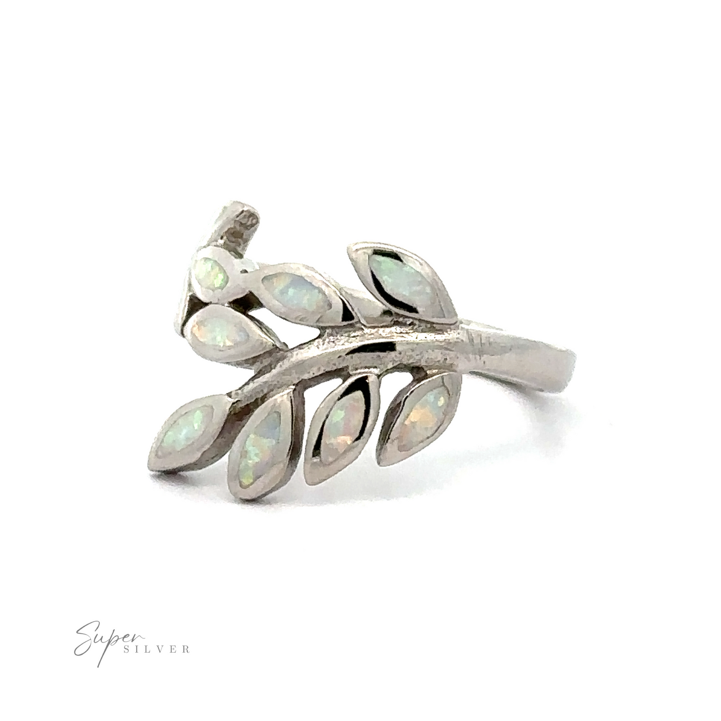 
                  
                    Silver ring with leaf design featuring Lab-Created Opal Fern Motif Ring inlays.
                  
                