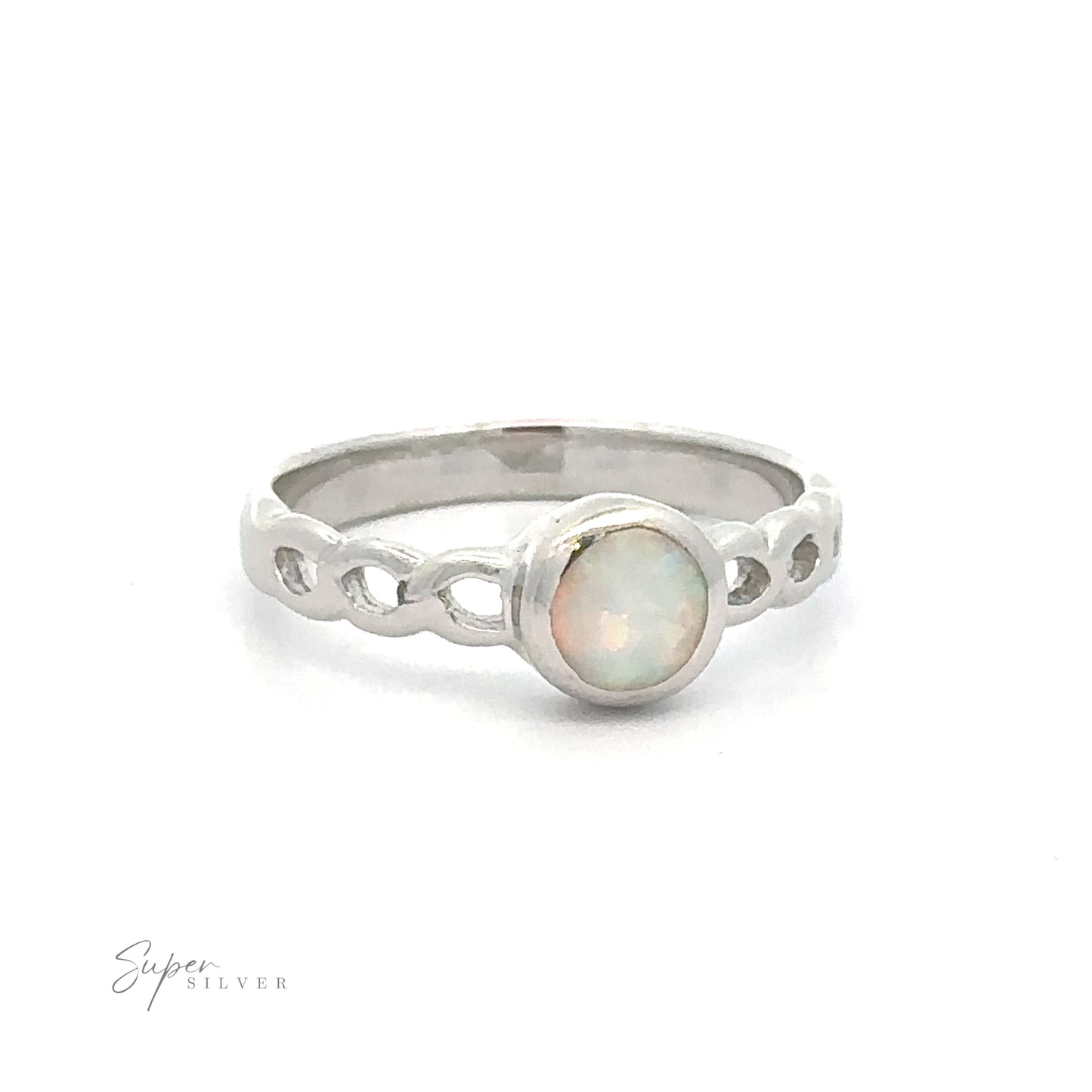 
                  
                    Sterling silver ring with a Round Lab Opal set in a simple bezel and infinity symbol band design.
                  
                