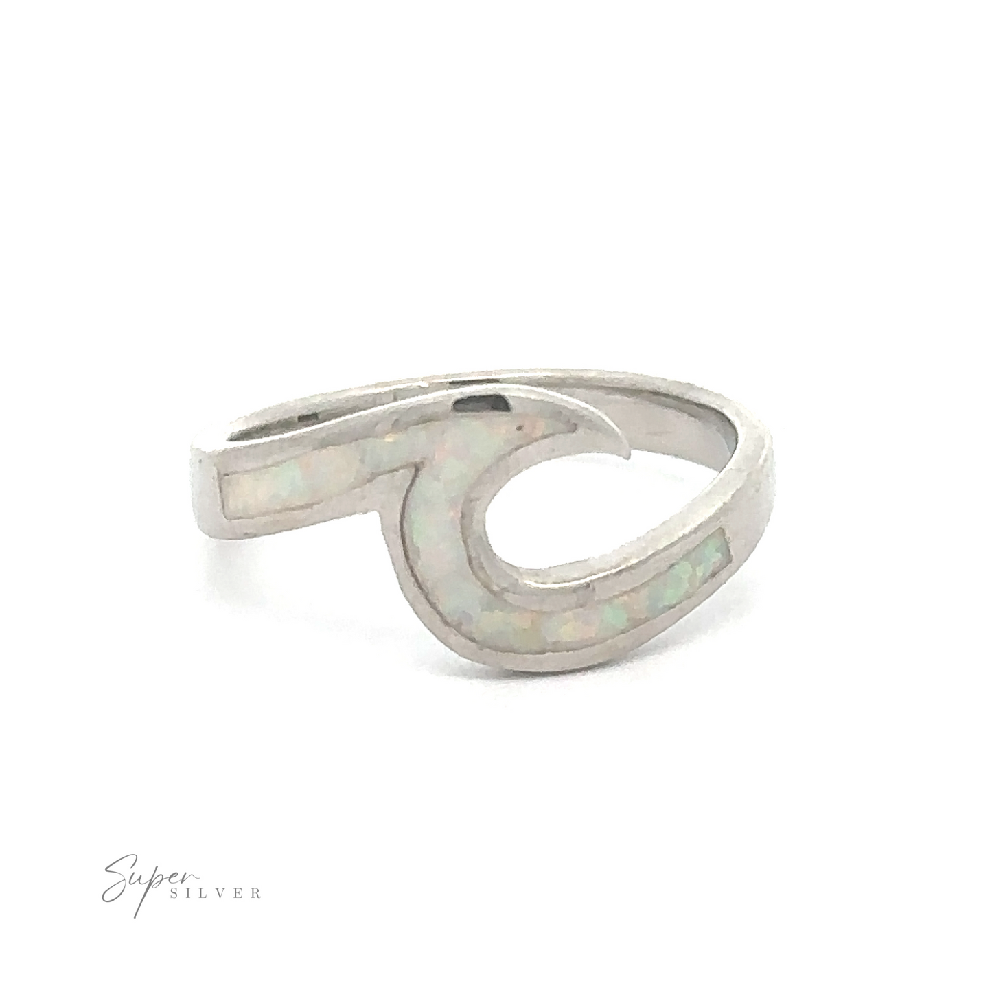 
                  
                    Wave Ring with Sparkling Inlaid Lab-Opal in a swirl design.
                  
                