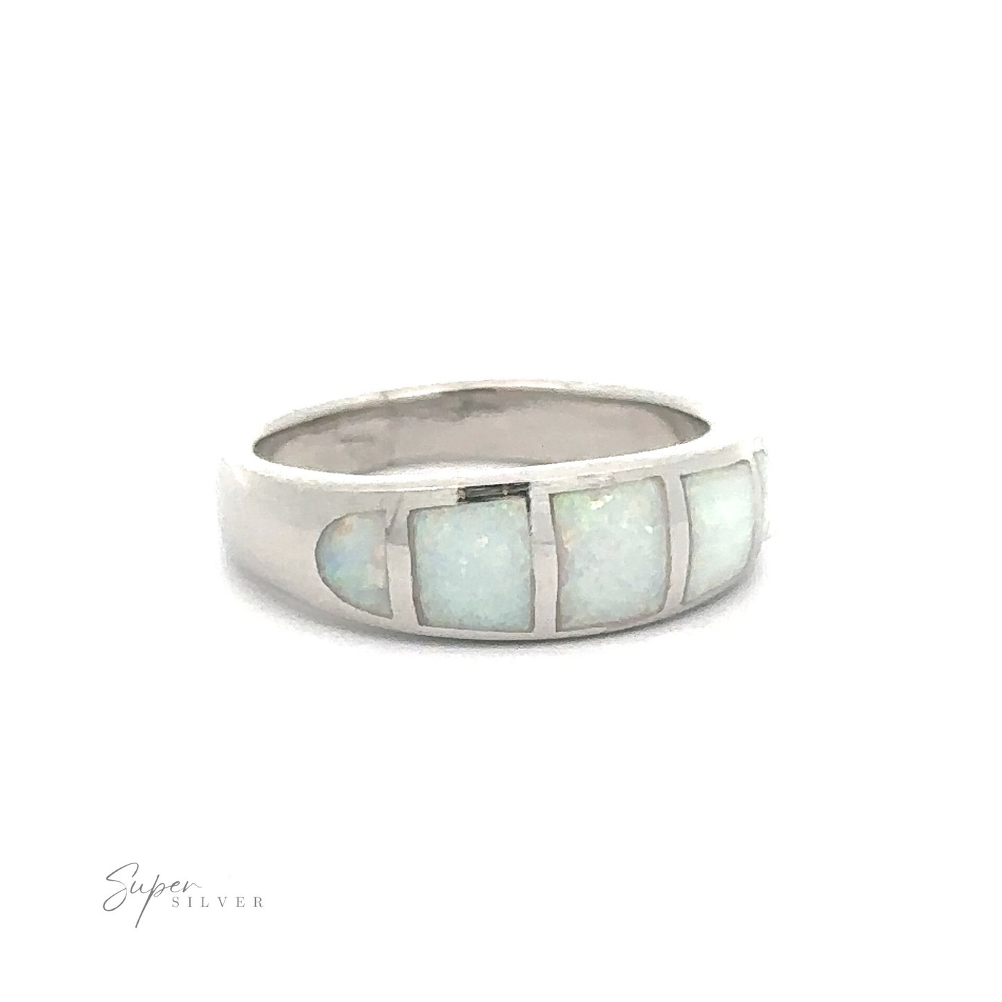 
                  
                    Tapered Lab-Opal Band with inlaid opal stones, designed to be versatile and lightweight.
                  
                