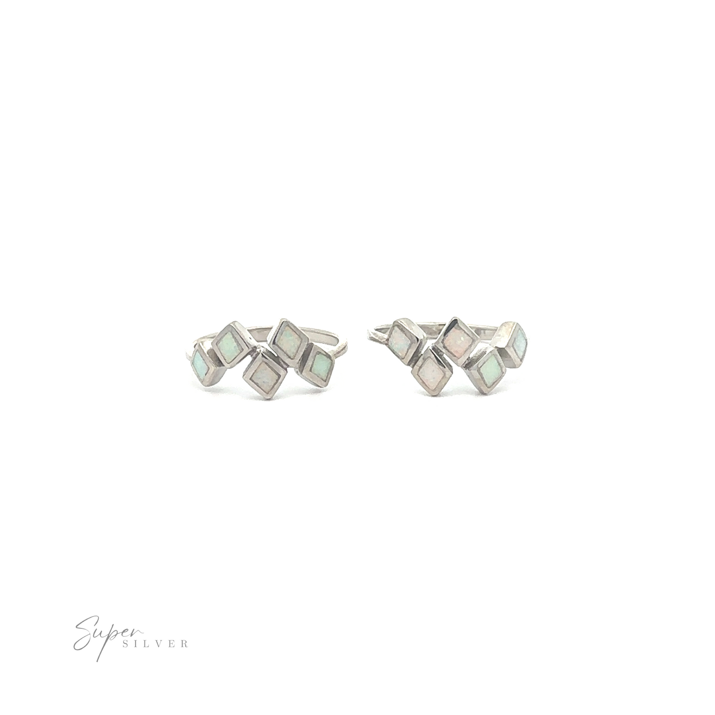 
                  
                    A pair of sterling silver geometric earrings with square-cut Diamond Pattern Lab-Created Opal Ring stones, displayed against a white background.
                  
                