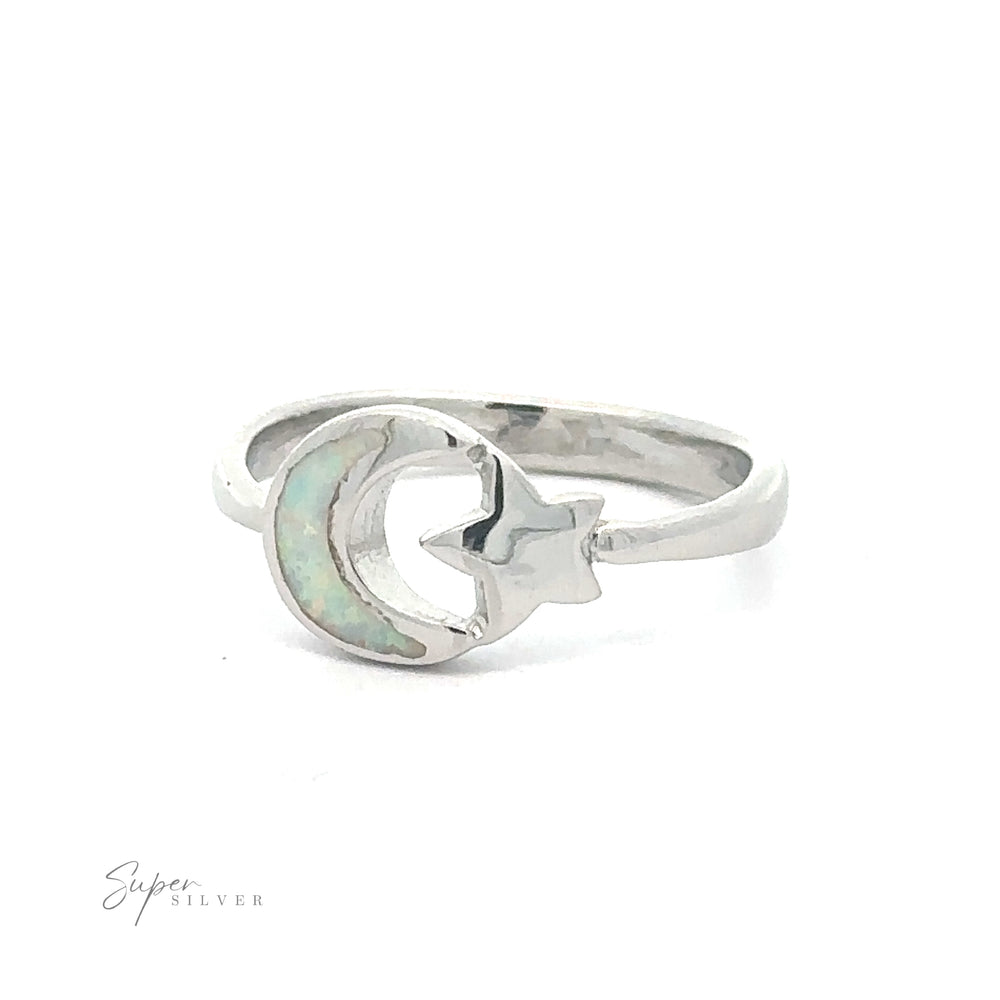 
                  
                    Celestial jewelry: Moon and Star Ring with Lab-Created Opal on a white background.
                  
                