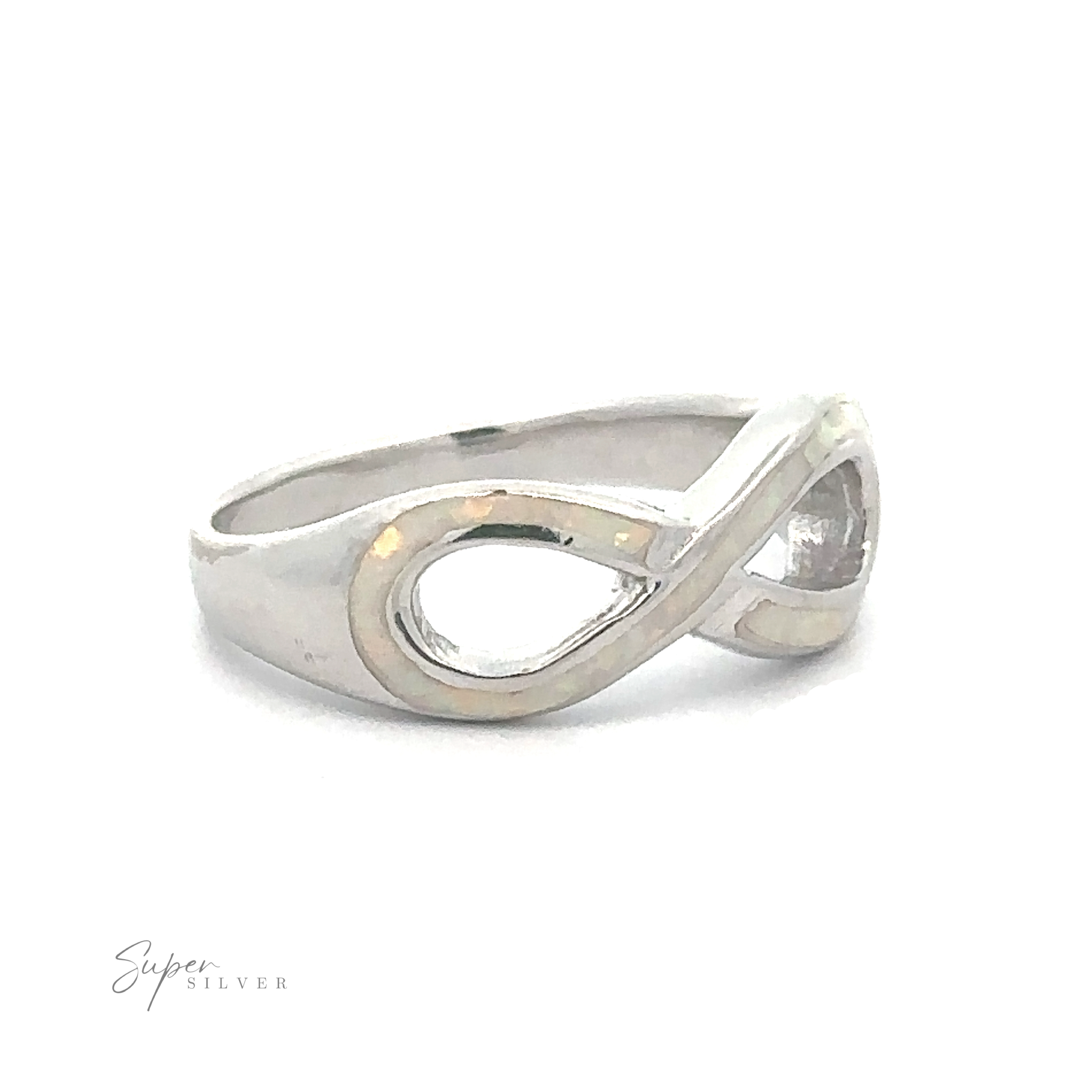 A stylish silver Opal Infinity Ring displayed on a white background.