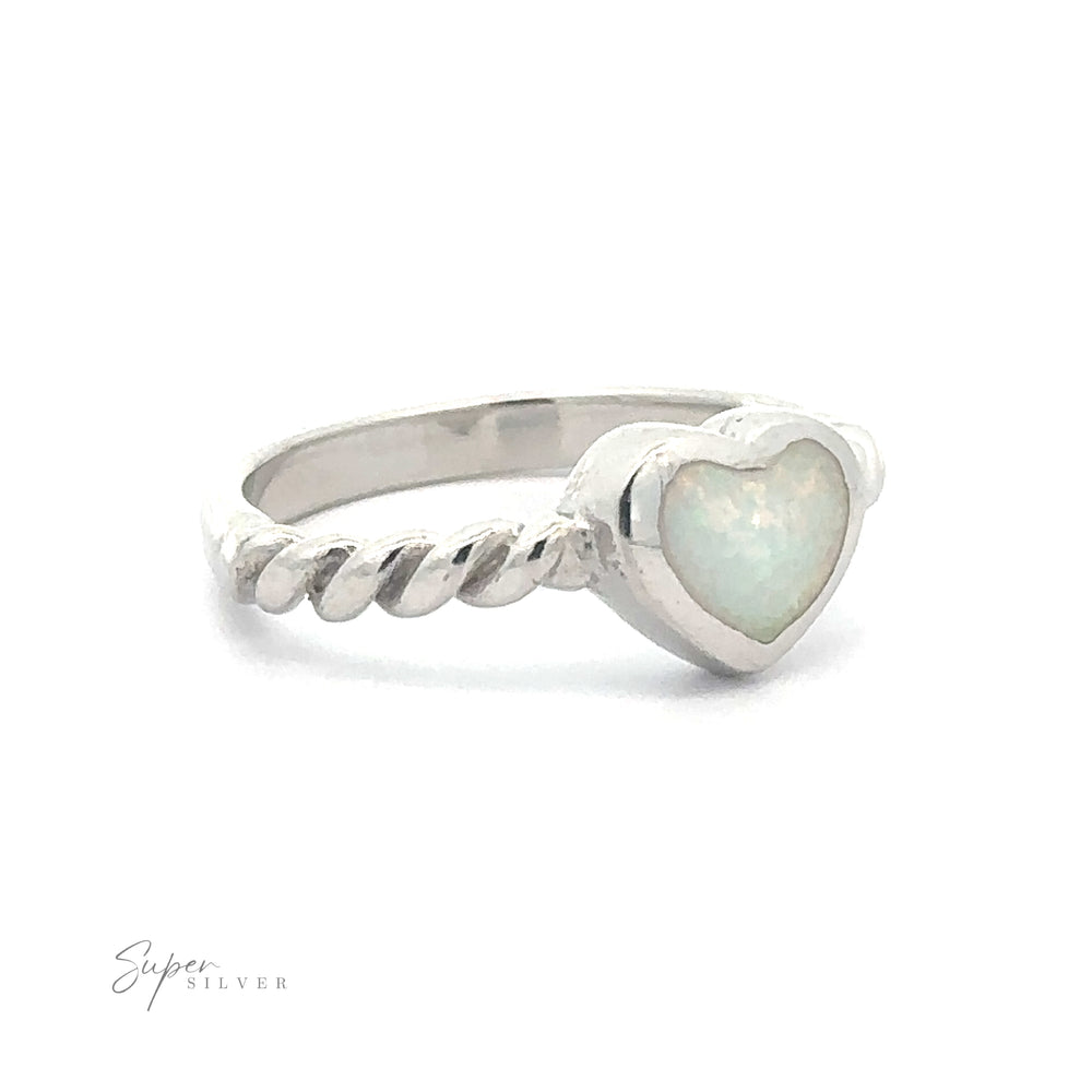 
                  
                    A sterling silver Lab Opal Heart Ring with Twisted Band design, displayed against a white background.
                  
                