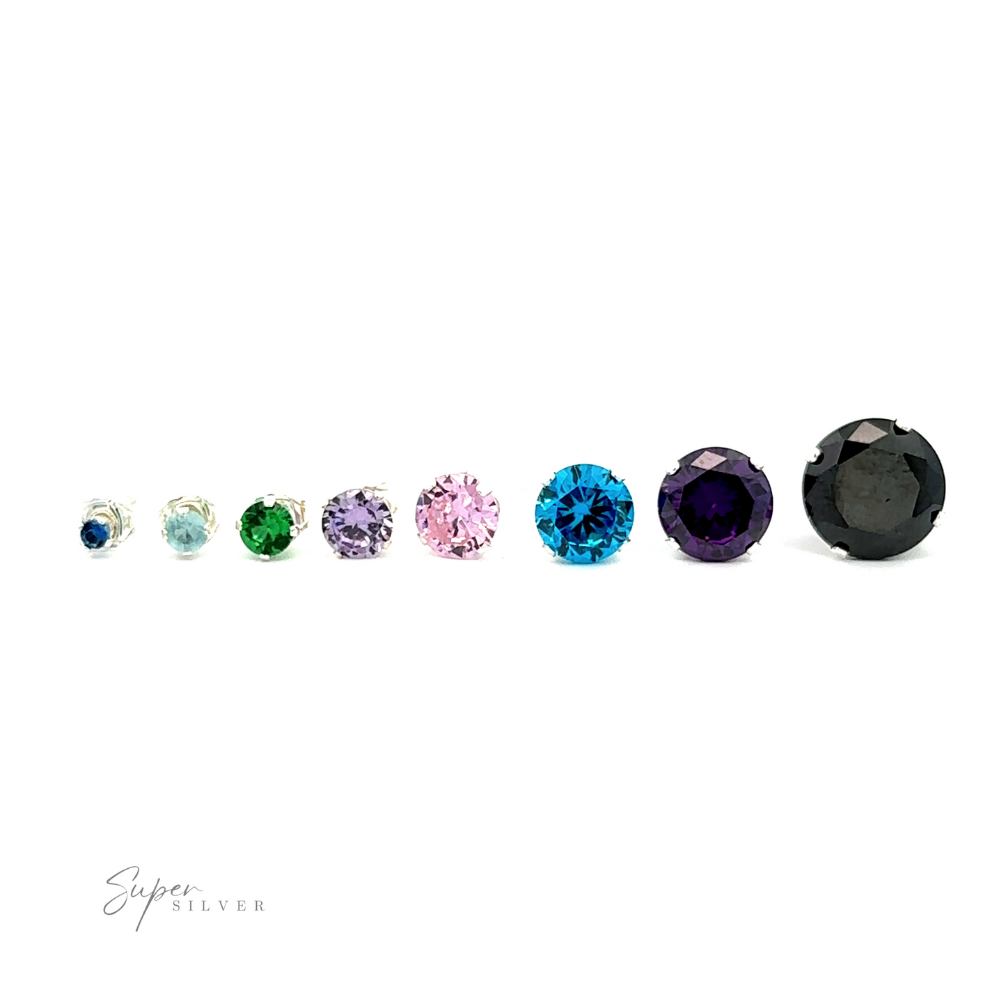
                  
                    A row of eight colorful Round CZ Studs, arranged by size with the smallest on the left and the largest on the right, signed "super silver.
                  
                