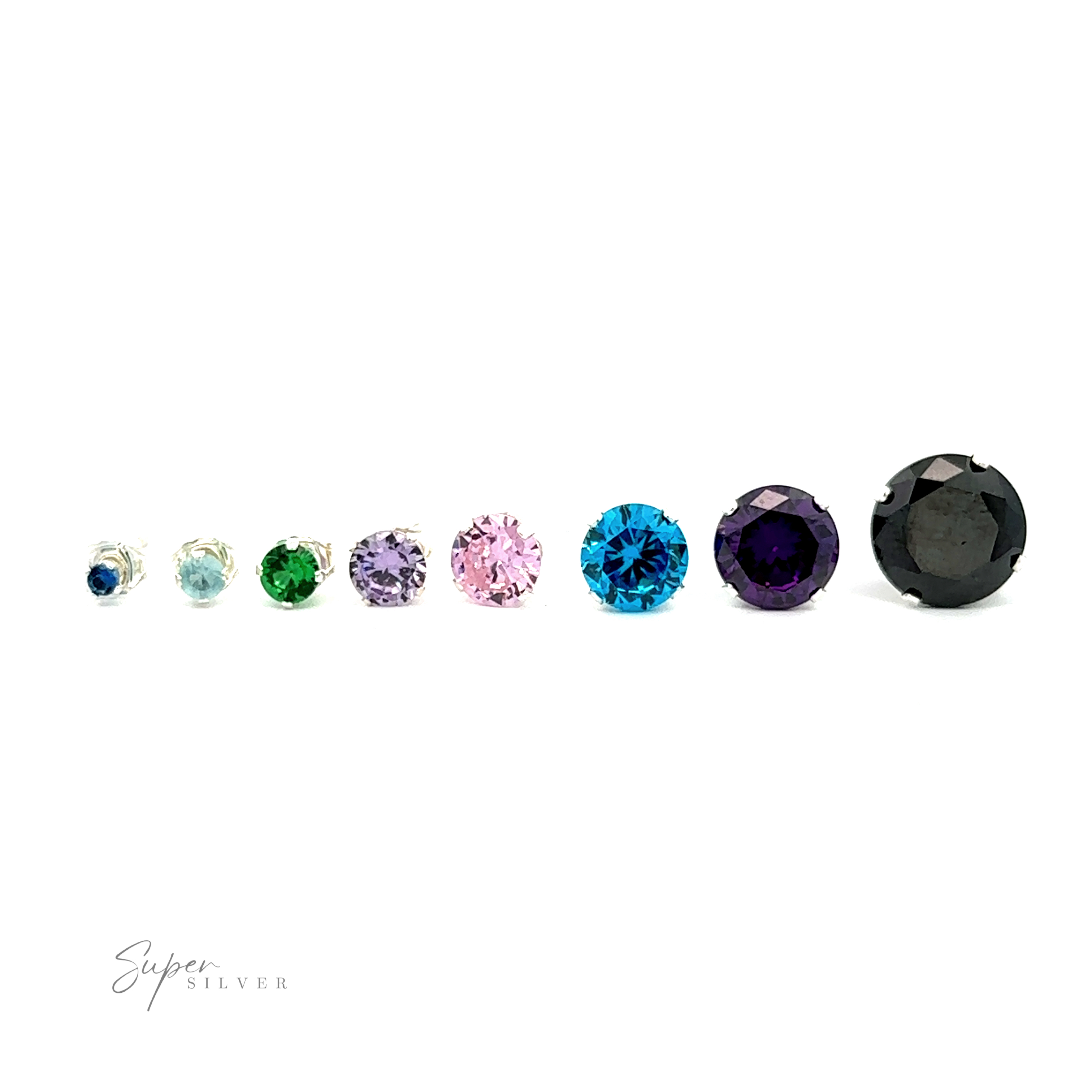 A row of eight colorful Round CZ Studs, arranged by size with the smallest on the left and the largest on the right, signed "super silver.