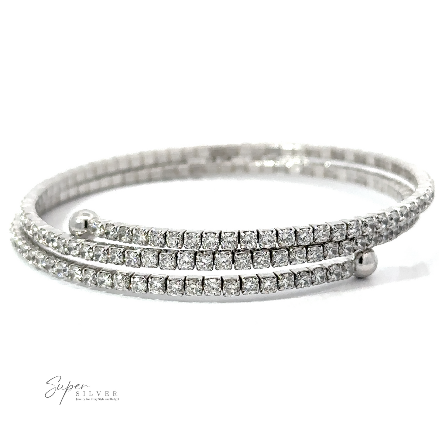 
                  
                    A sparkling silver bracelet with multiple rows of small square-cut Cubic Zirconia. The logo "Super Silver" is visible in the lower-left corner, and it's crafted from Rhodium Plated .925 Sterling Silver for lasting brilliance. The Cubic Zirconia Simple Wrap Bracelet adds a touch of elegance to any outfit.
                  
                