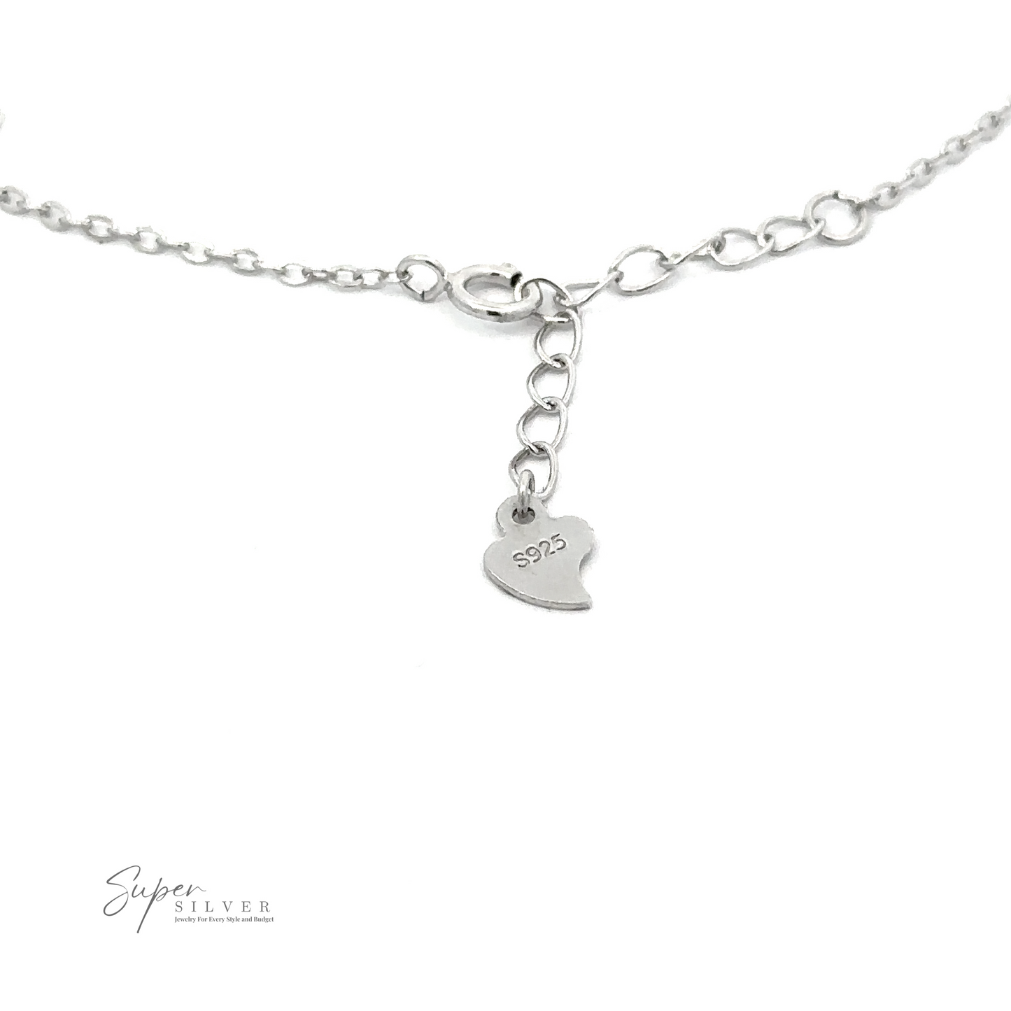 
                  
                    A sterling silver necklace with a heart-shaped tag engraved with "S925." The tag dangles from an adjustable chain with a lobster clasp. The design pairs perfectly with our adjustable Dainty Cubic Zirconia Evil Eye Bracelet. The "Super Silver" logo is in the bottom left corner.
                  
                