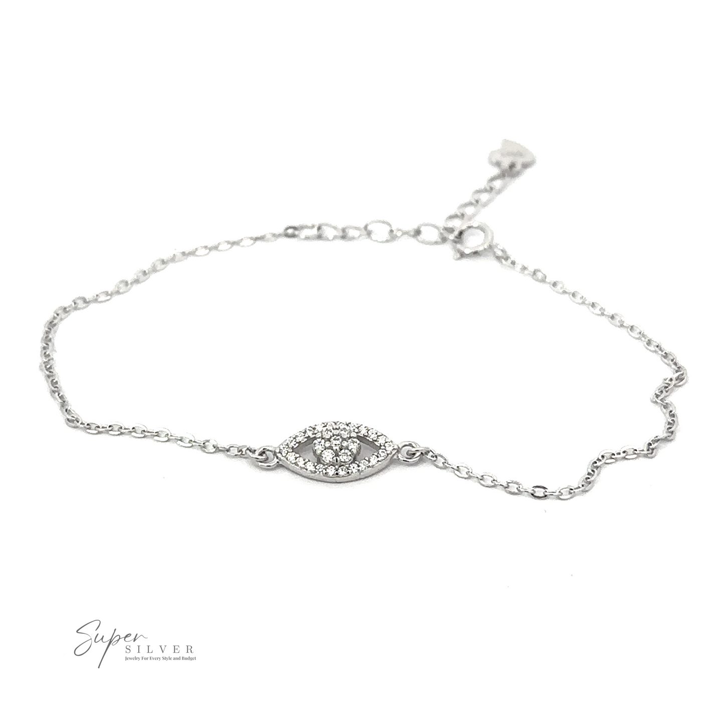 
                  
                    Dainty Cubic Zirconia Evil Eye Bracelet with a central oval-shaped charm adorned with small clear cubic zirconia crystals. The bracelet features a delicate chain and an adjustable clasp. The "Super Silver" logo is visible in the lower left corner.
                  
                