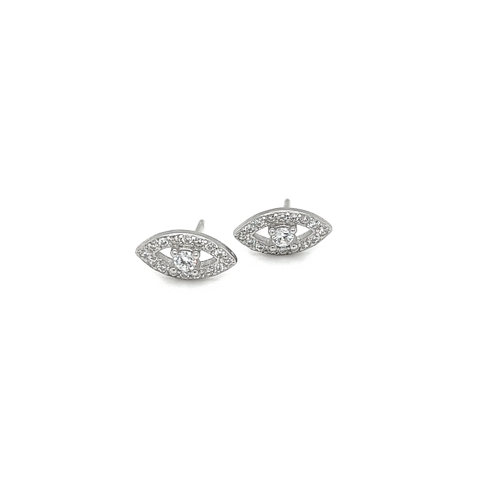 
                  
                    A pair of Super Silver CZ Eye Studs featuring symbolism on a white background.
                  
                
