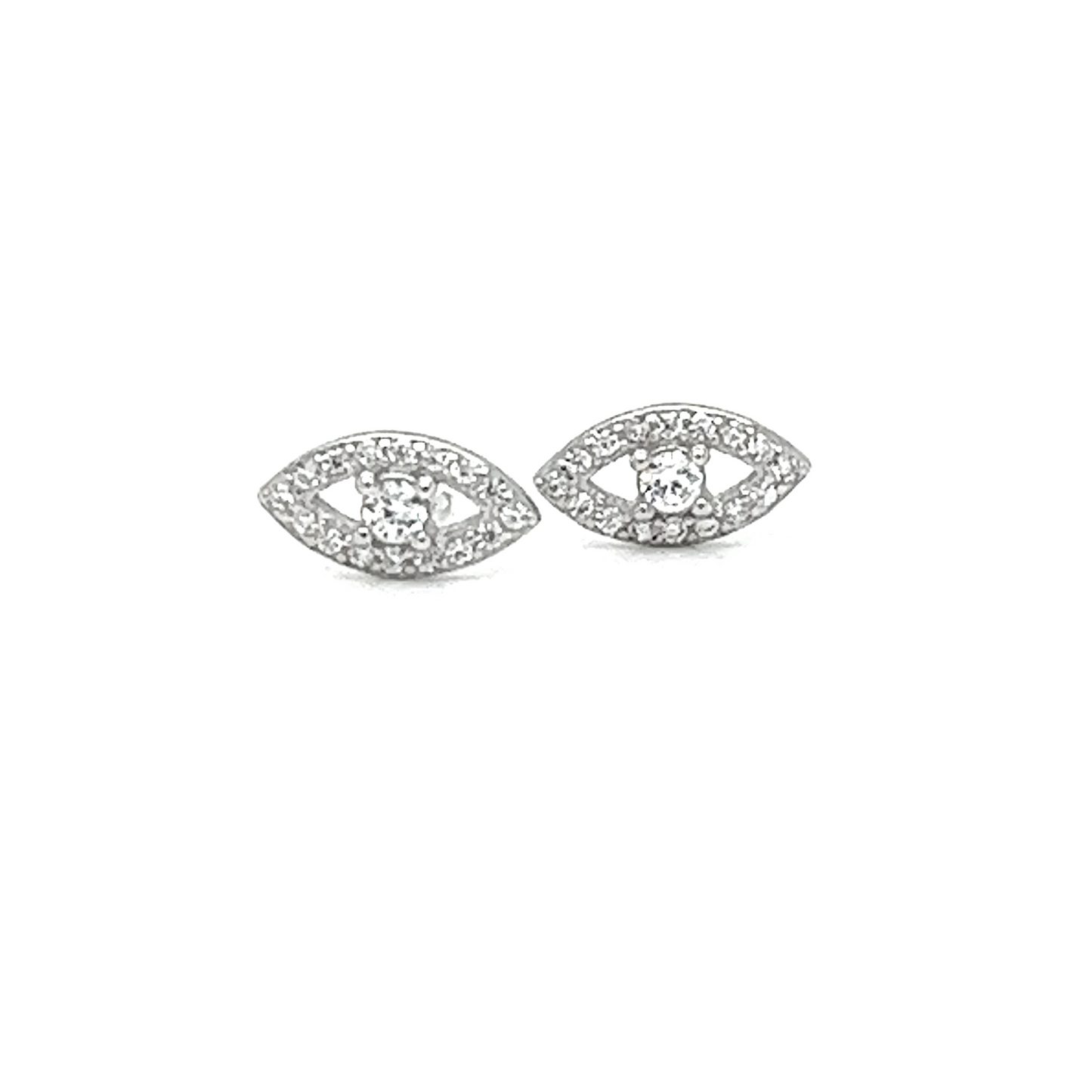 A pair of Super Silver CZ Eye Studs featuring symbolism and cubic zirconia accents.