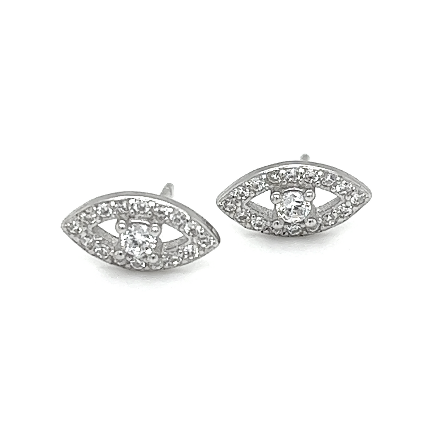 A pair of Super Silver CZ Eye Studs, adorned with cubic zirconia for added symbolism.