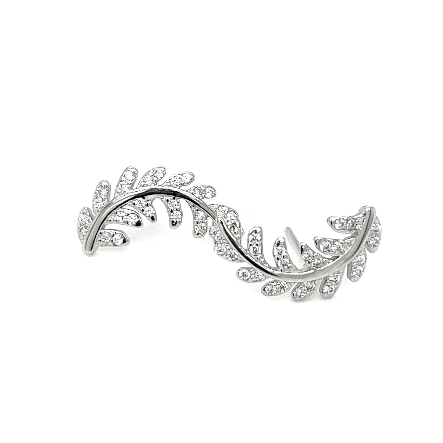 
                  
                    A Curved Fern Leaf Cubic Zirconia Studs ring adorned with diamonds and featuring a fern-inspired pattern by Super Silver.
                  
                