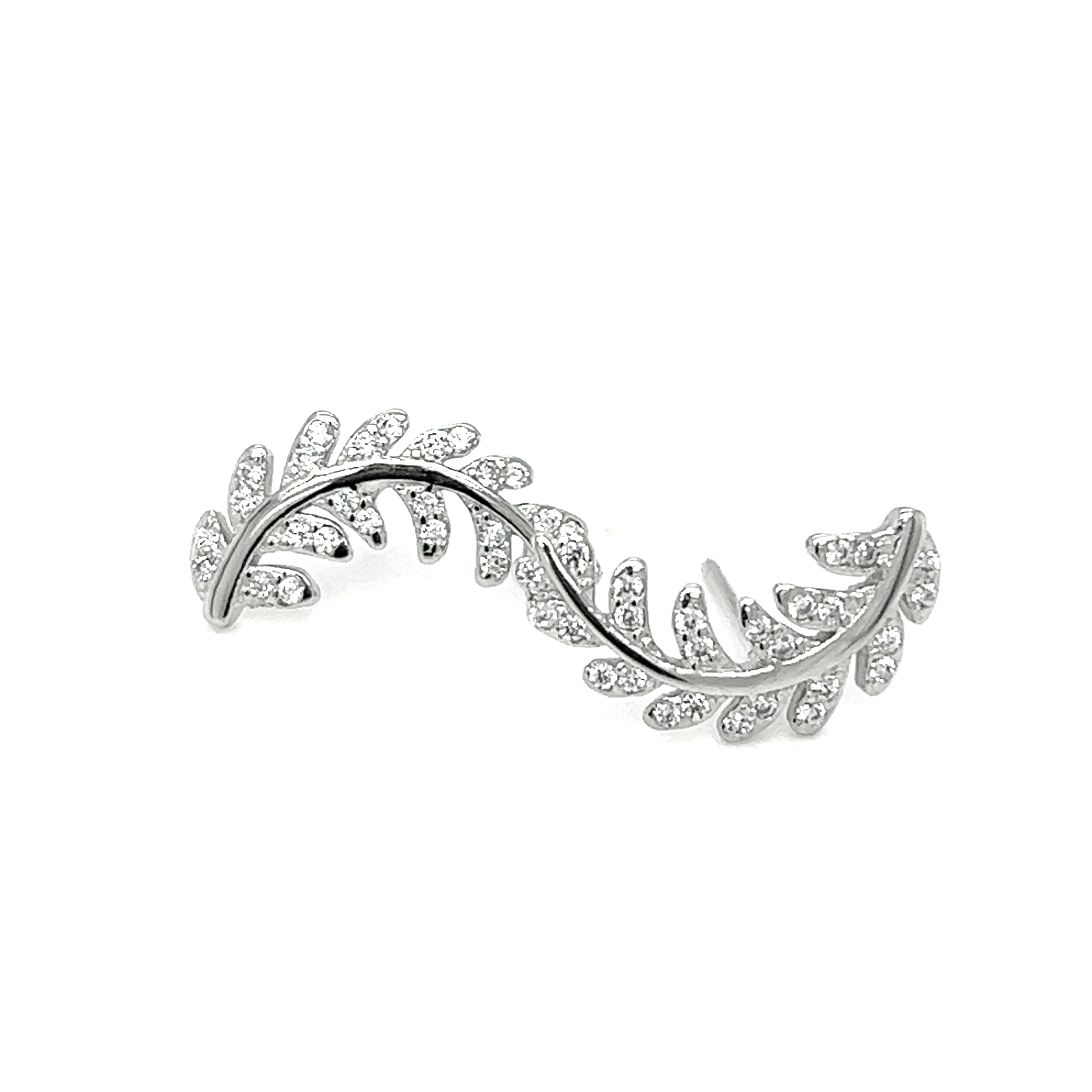 A Curved Fern Leaf Cubic Zirconia Studs ring adorned with diamonds and featuring a fern-inspired pattern by Super Silver.
