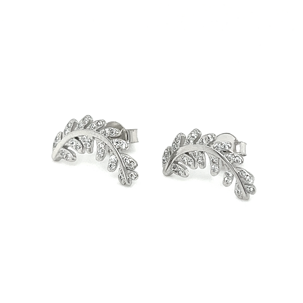 
                  
                    A pair of Curved Fern Leaf Cubic Zirconia Studs from Super Silver with a fern-inspired pattern.
                  
                