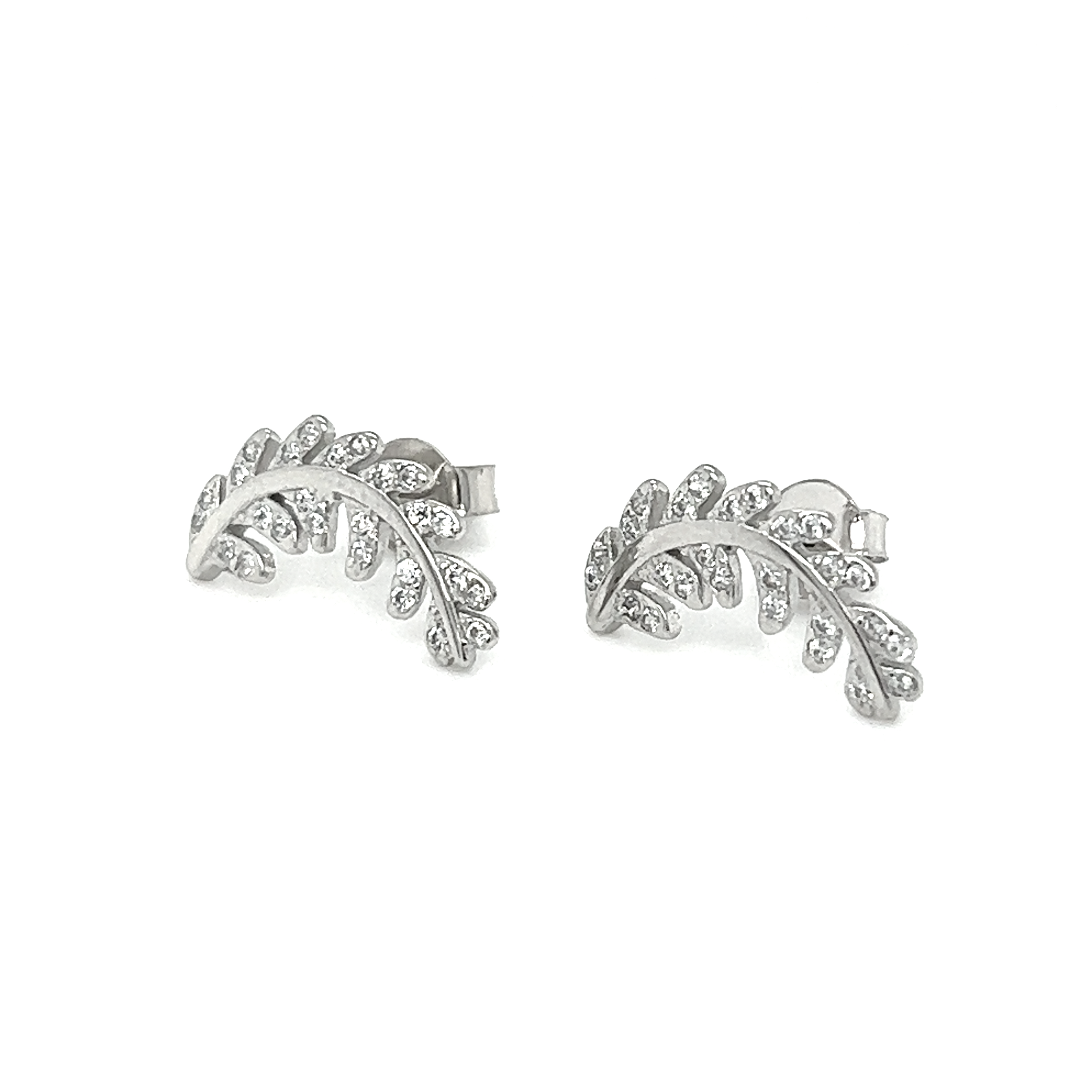 A pair of Curved Fern Leaf Cubic Zirconia Studs from Super Silver with a fern-inspired pattern.