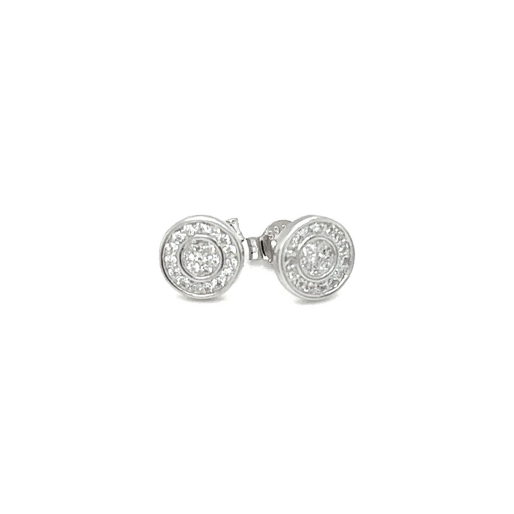 A pair of Super Silver Double Circle CZ stud earrings adorned with diamonds.