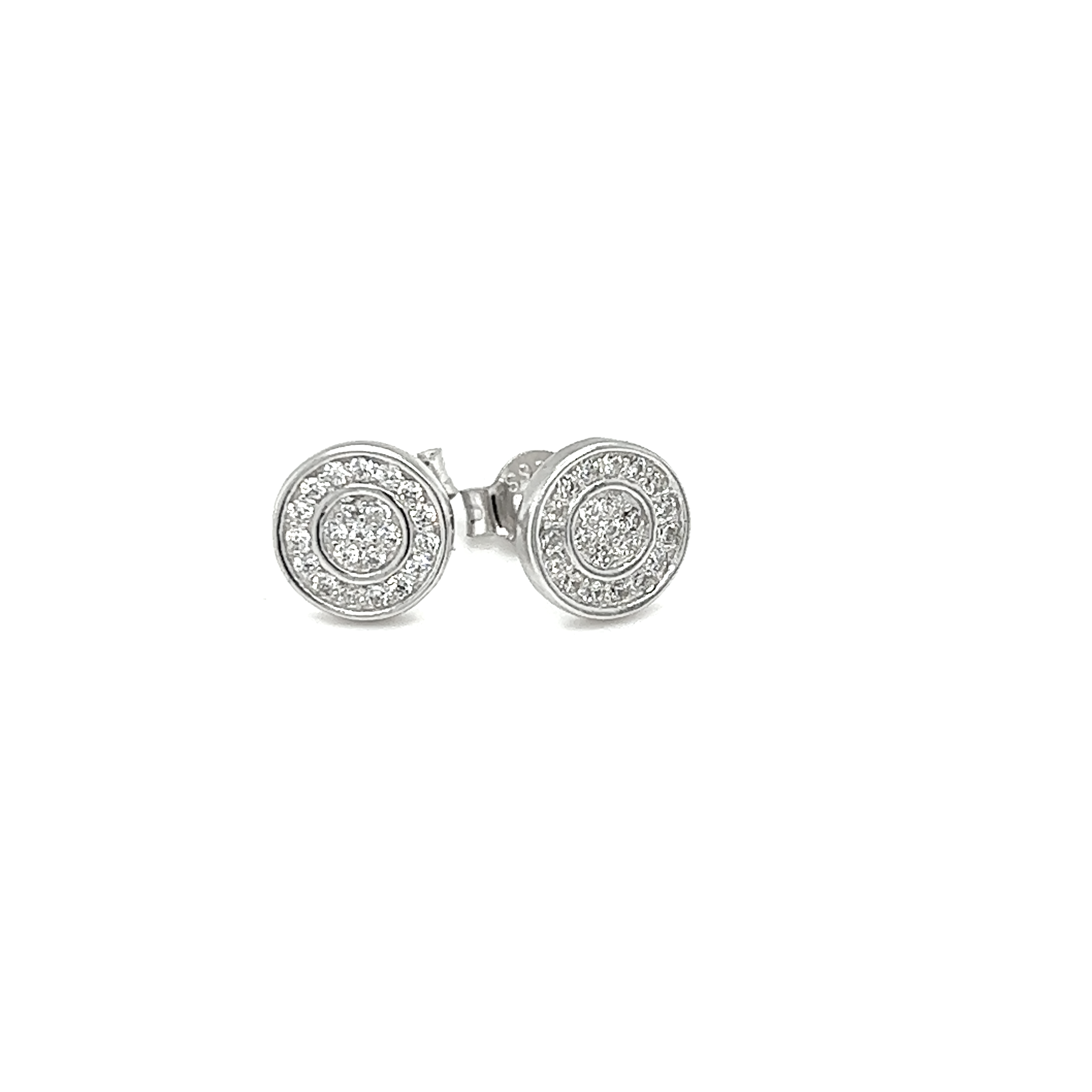 Fine jewelry featuring a pair of Super Silver Double Circle CZ Studs adorned with diamonds.