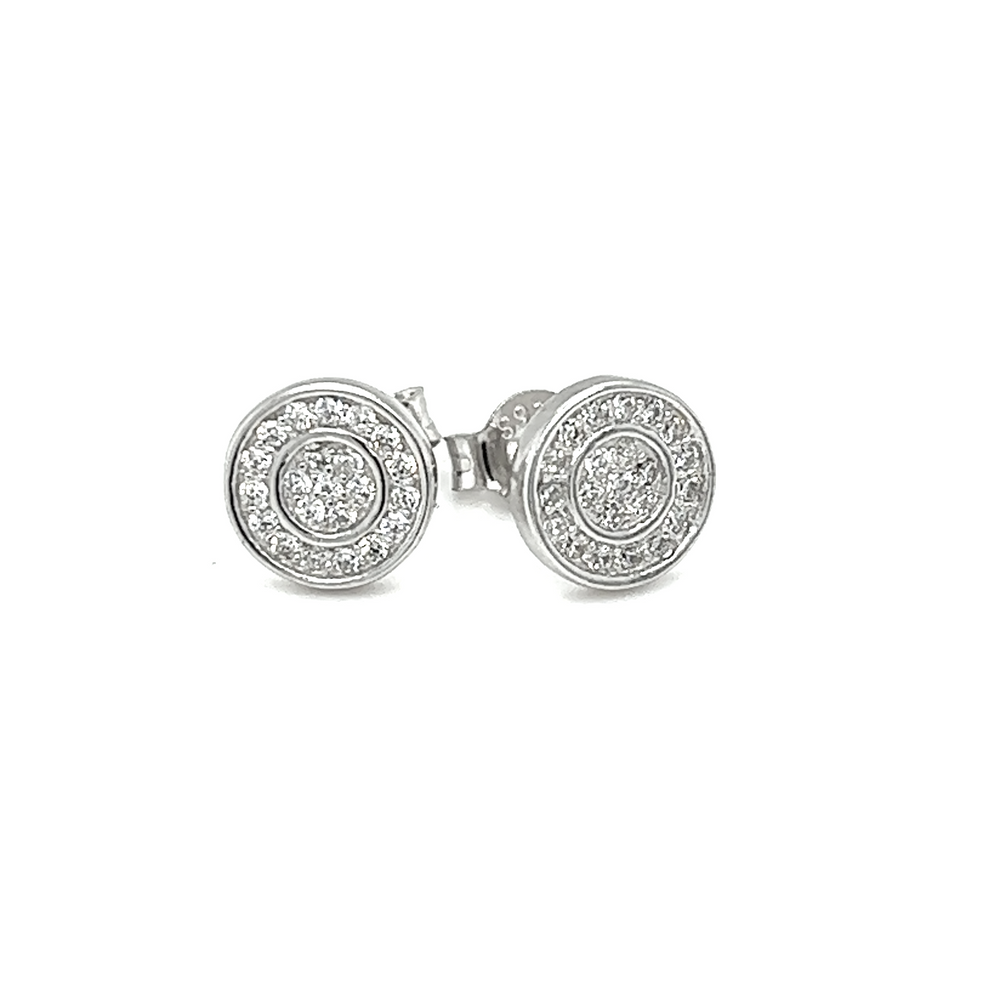 A pair of Super Silver Double Circle CZ Studs, perfect for lovers of fine jewelry.