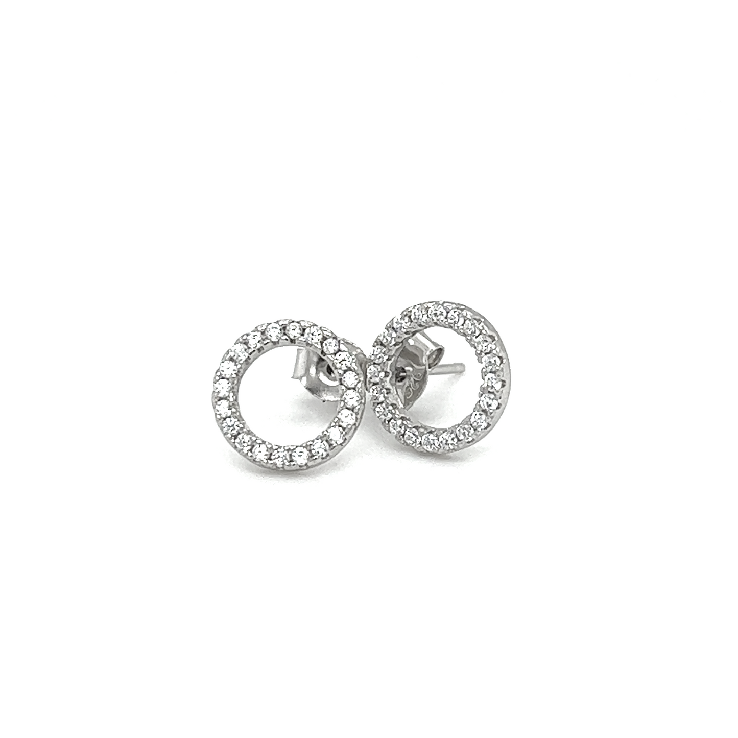 A pair of Super Silver CZ Outline Circle Studs with diamonds and cubic zirconia accents.